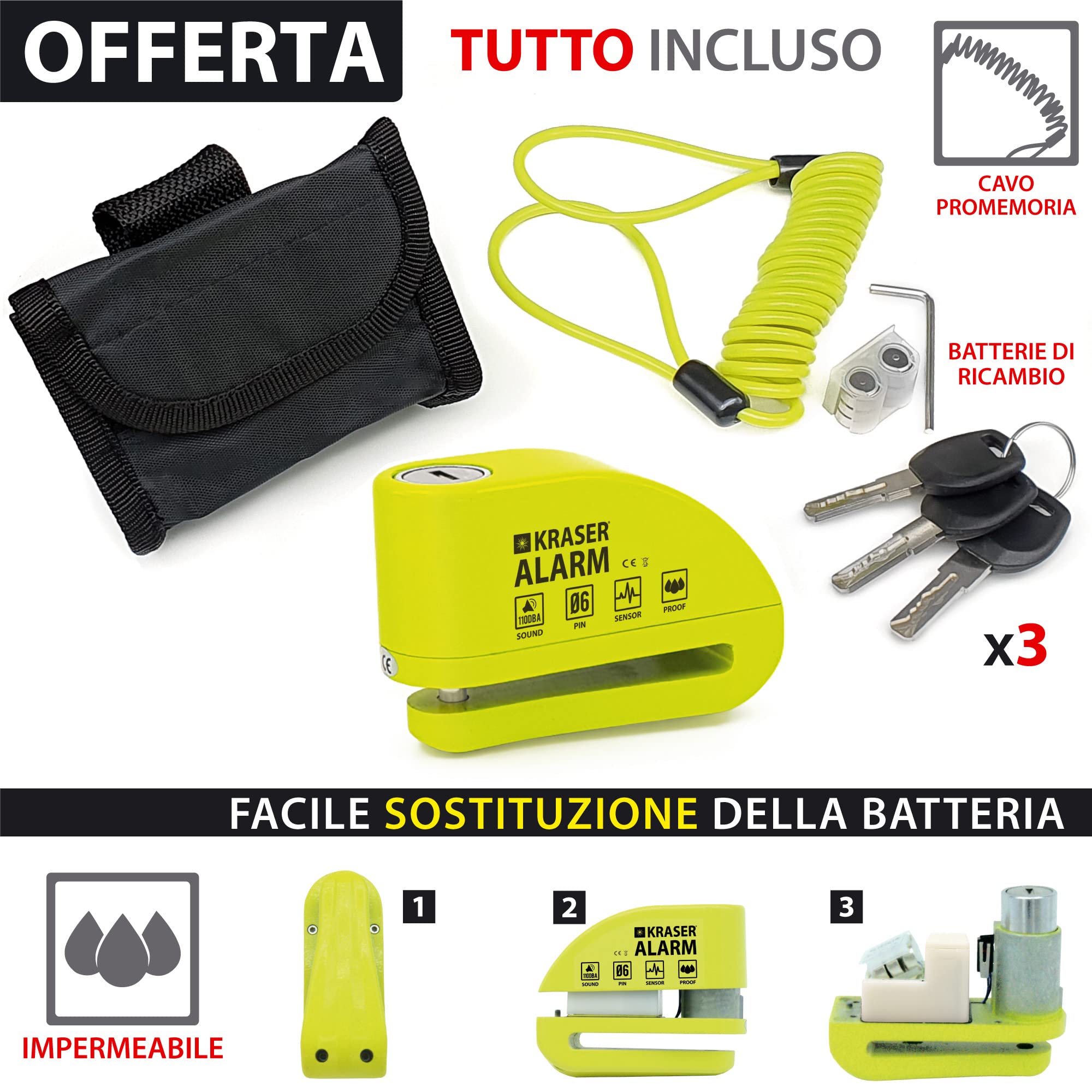 KRASER KR6Y Blocca Disco per Moto con Allarme 110dB, Antifurto Moto Nr1 Autobild, +Deterrente, 3 (altre 2) Chiavi Sicurezza, Impermeabile, Cavo Reminder 1.5m Borsa, Lucchetto Sonoro Scooter Bici