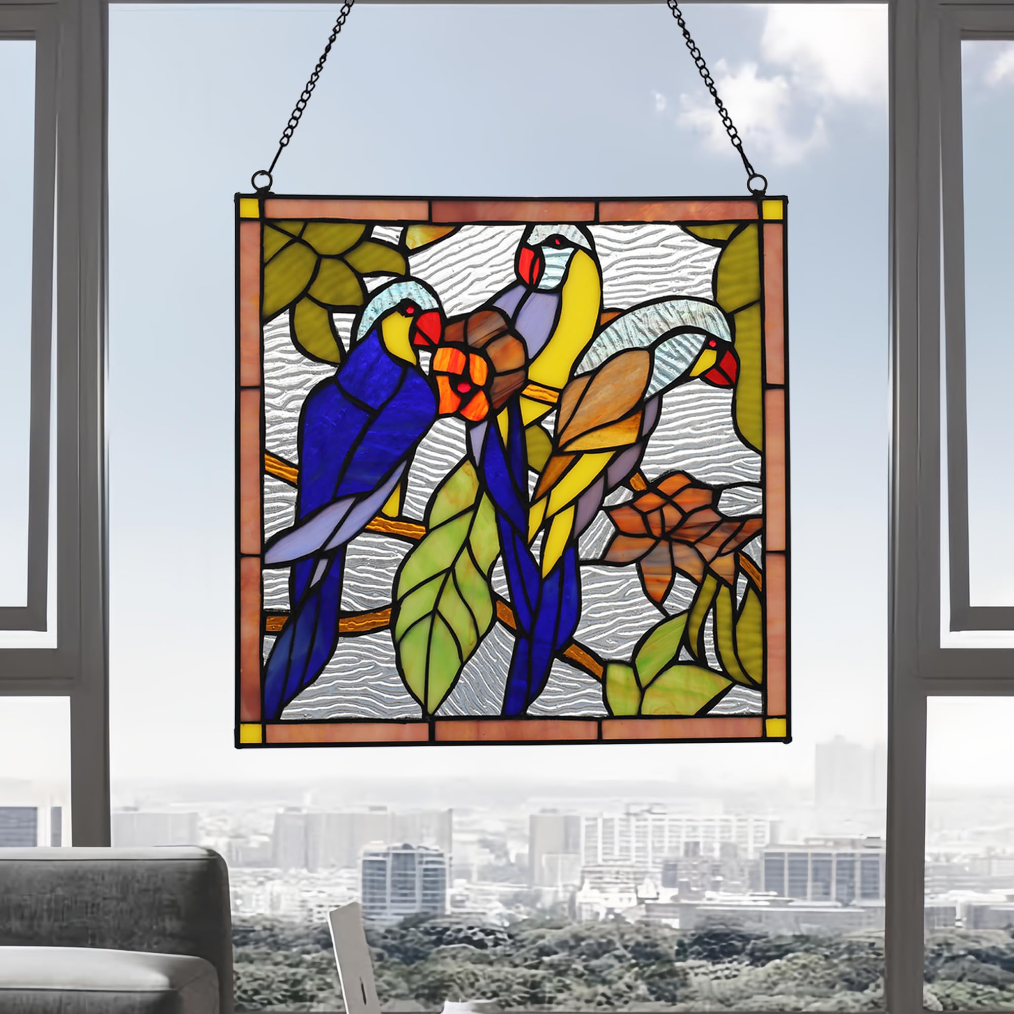 Quadratisches Buntglas-Fensterpaneel, handgefertigt, Tiffany-Stil, 30,5 cm, perfekt für Wohnzimmer, Schlafzimmer, Küche, Dekoration, Einweihungsgeschenk (Papagei)