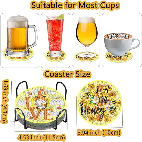 Miniatura 4 de Posavasos de pintura de diamantes, 8 piezas de posavasos con soporte, arte de diamantes para manualidades de bricolaje para adultos y niños (gato