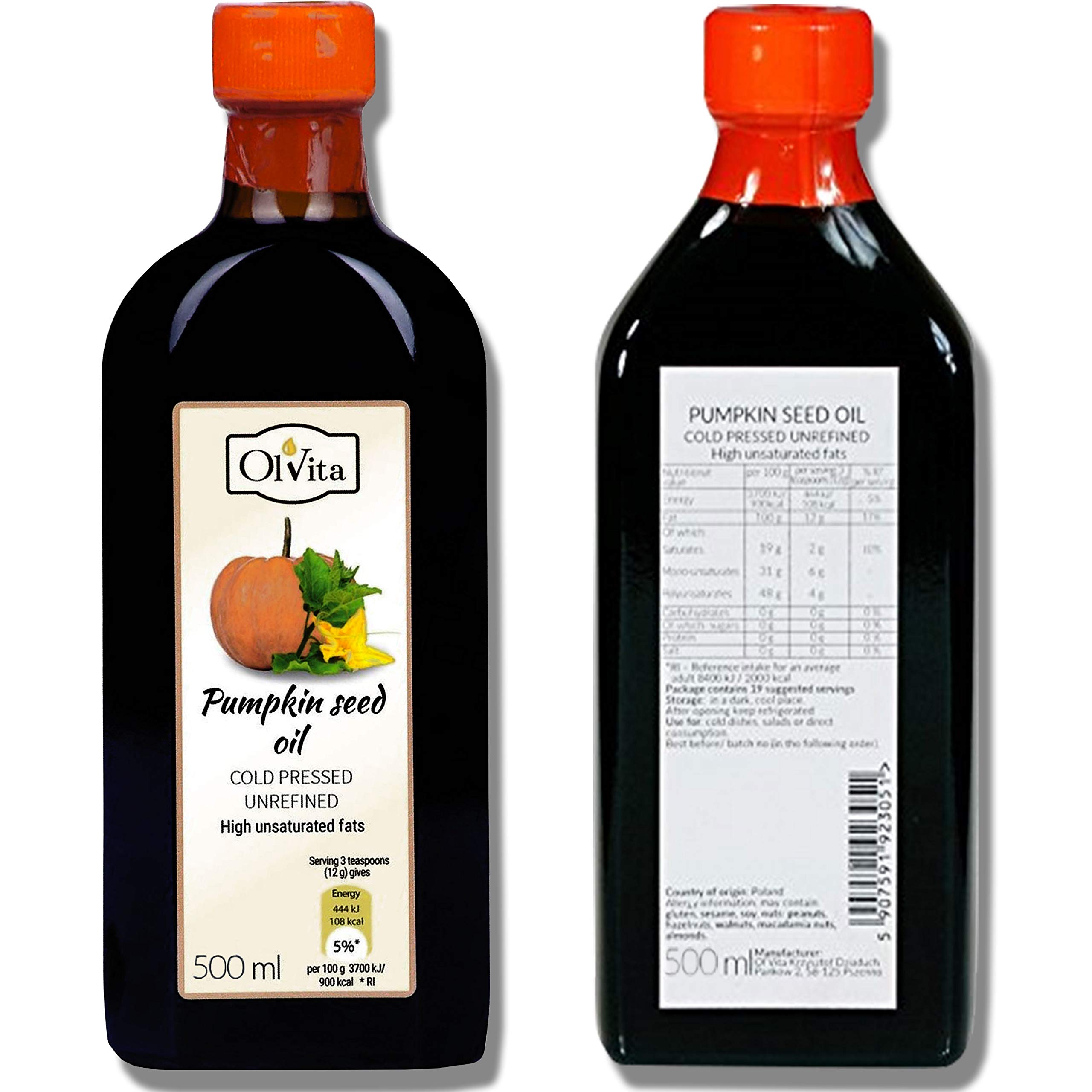 Ol’Vita: Aceite de semilla de calabaza prensado en frío virgen - Calidad premium sin refinar sin procesar 500 ml