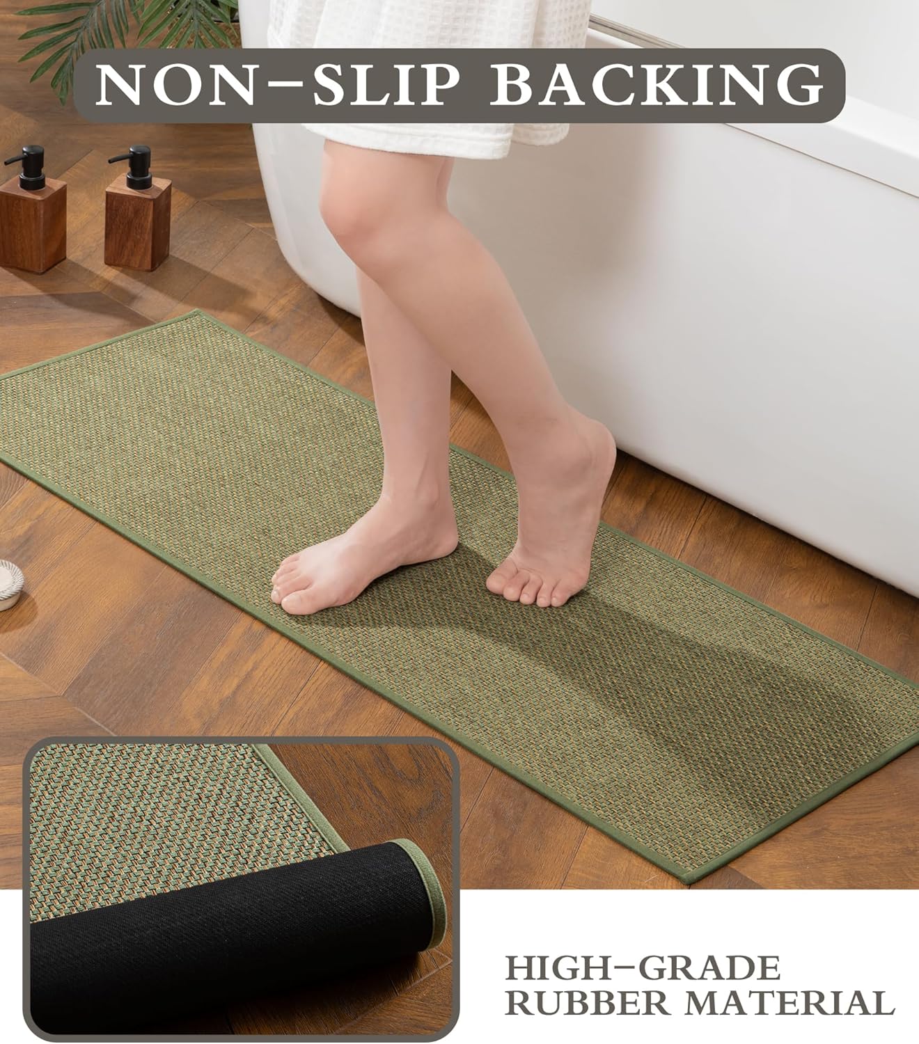 YIHOUSE Bathroom Rugs Sets 5 Pieces, Green Ultra Thin Bath Mats Fit Under Door, Absorbent Quickly Dry Rubber Backing Braided Bath Mat Set, Non Slip Washable Bath Rugs for Bathroom Floor, Green