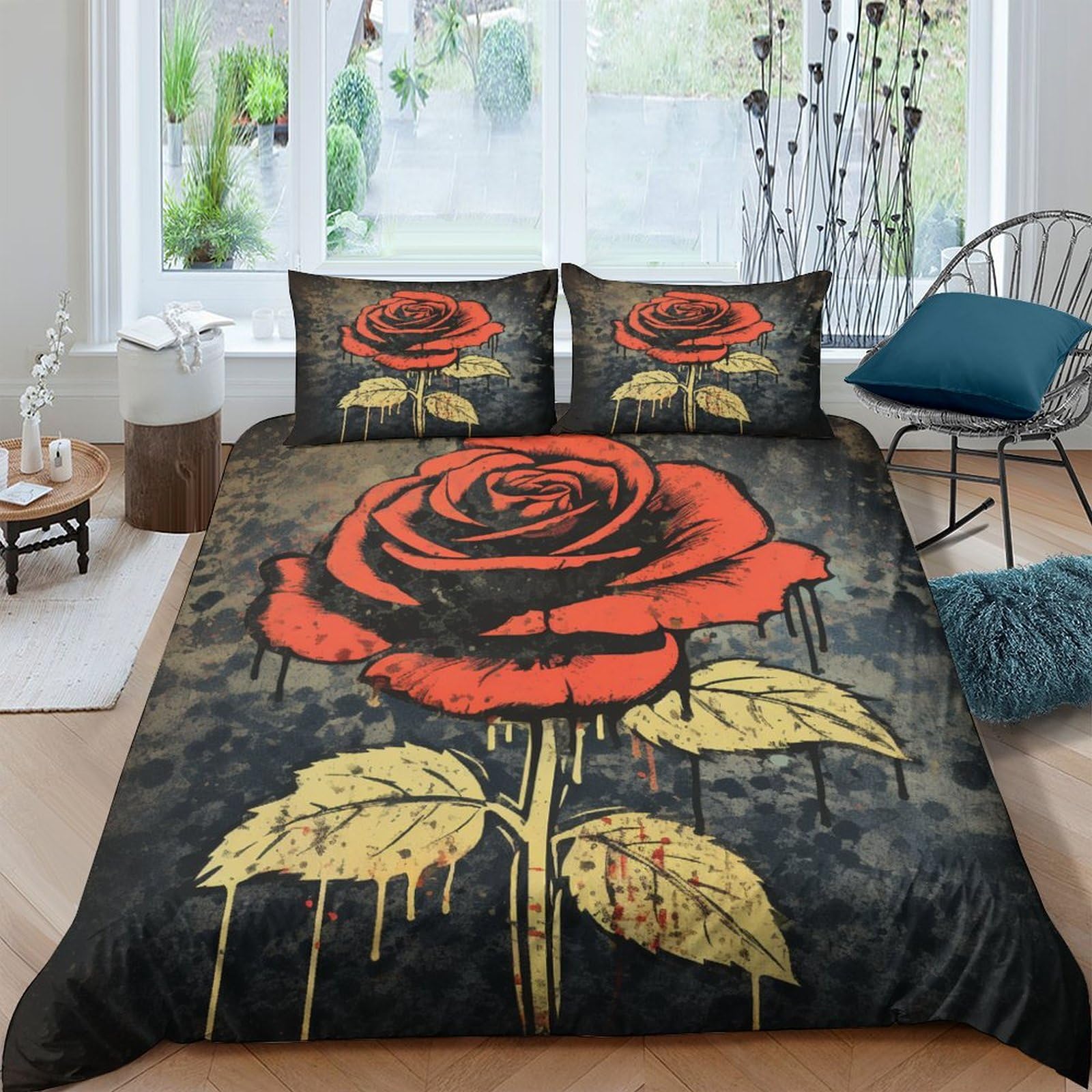 Housses de couettes rose rouge 3D pour chambre adulte et enfant parure de lit rétro douce King