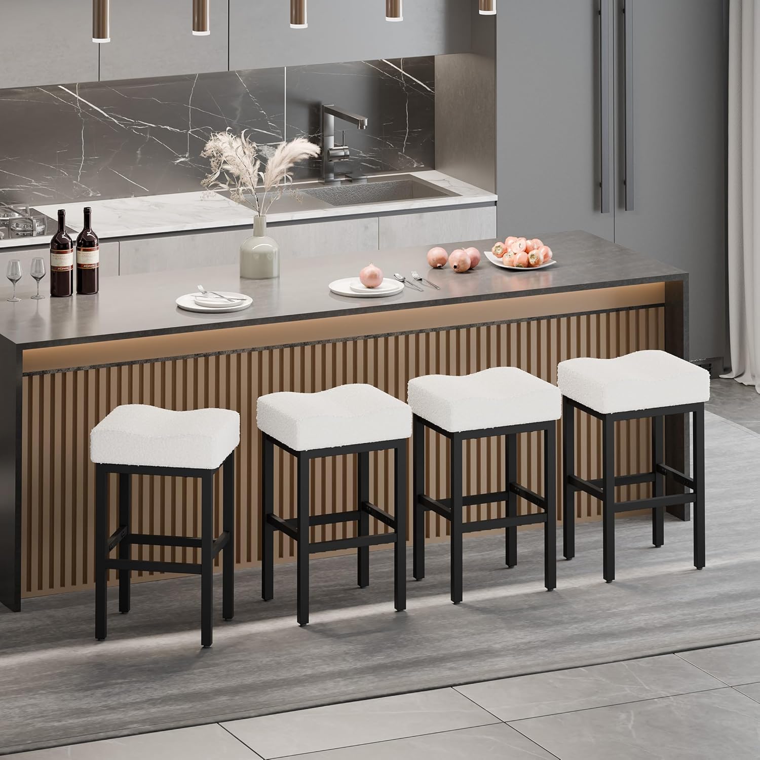 White Bar Stools Set of 4 - 28 Inch Counter Height, Boucle Backless Bar Height Stools with Saddle Seats & 4.33" Thick Cushion, Heavy-Duty Metal Base, Easy Assembly for Kitchen Island