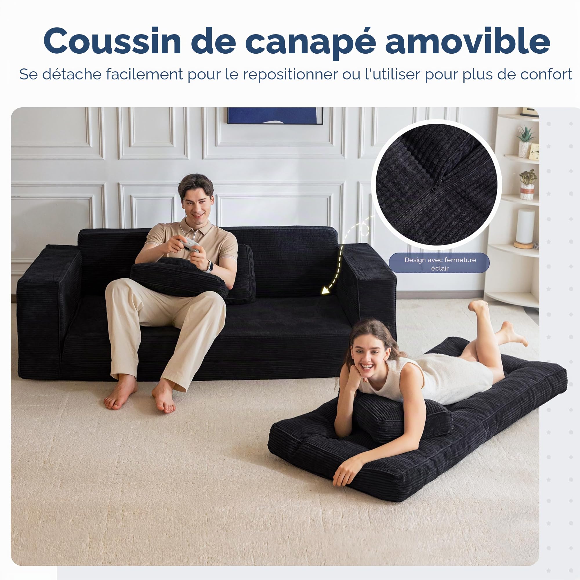 MAXYOYO Canapé-Lit de 190 cm de Large avec Coussin, 2 en 1, Pliable, en Velours, 3 Places, avec Fonction Sommeil, Surface de Couchage 101 x 196 cm, pour Salon, Chambre à Coucher, Salon