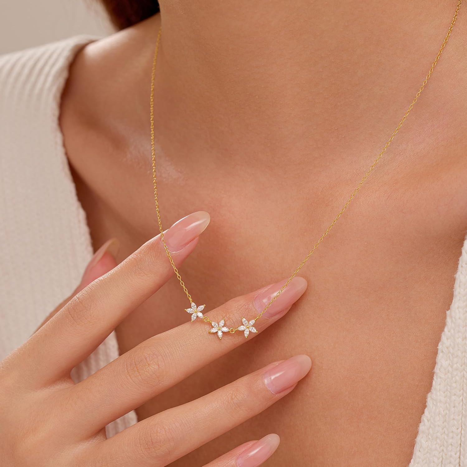 925 Sterling Silver Flower Charm Necklace for Women 14K Gold Plated Dainty CZ Flower Pendant Choker Necklace for Mom Chain Necklace Birthday Wedding Friendship Jewelry Valentines Day Gifts for Her - Image 2