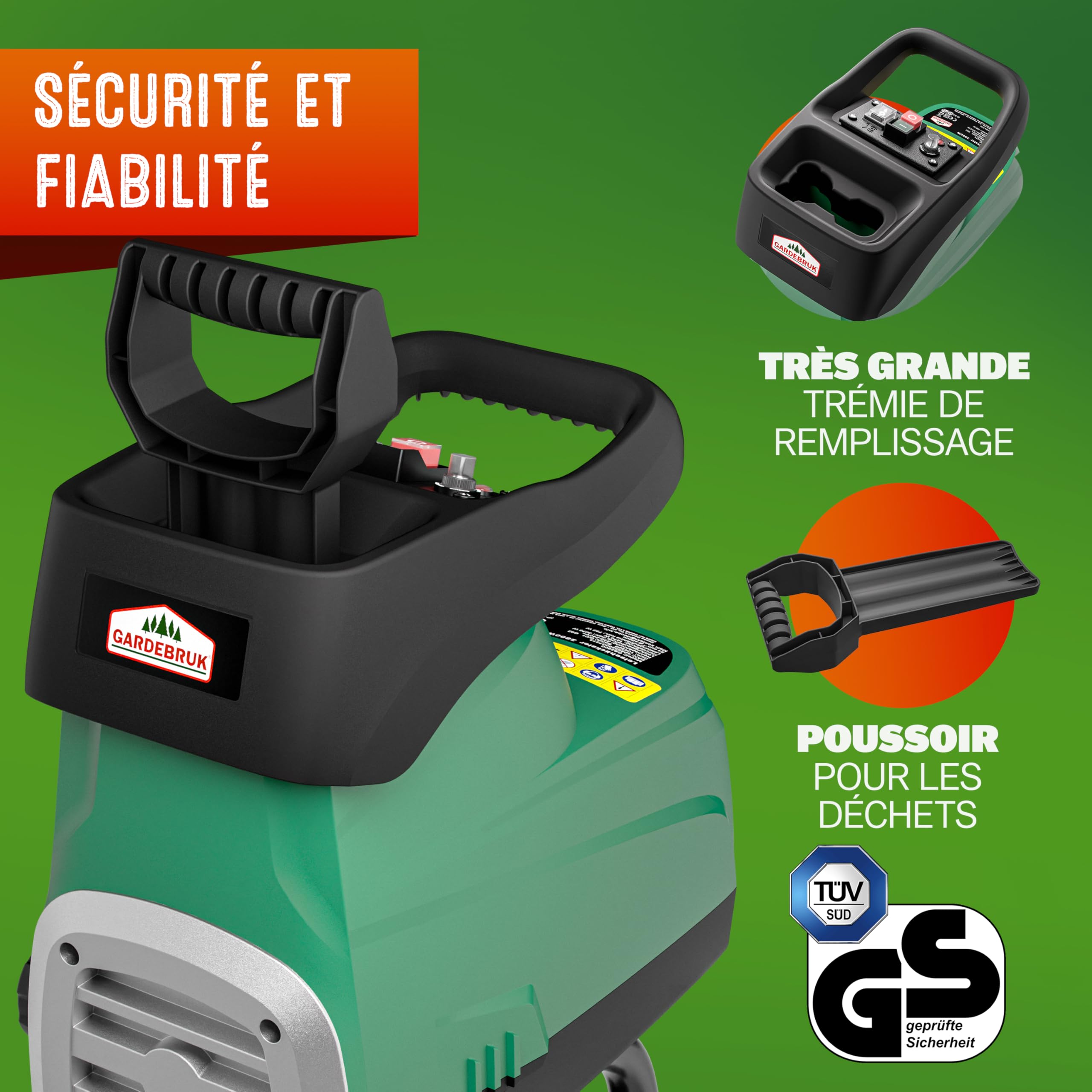 GARDEBRUK® Broyeur de végétaux électrique 3.100W Max. 44mm Sac 2X 60L broyeur à Rotor broyeur végétaux Silencieux à Rouleau Jardin déchets Verts Compost