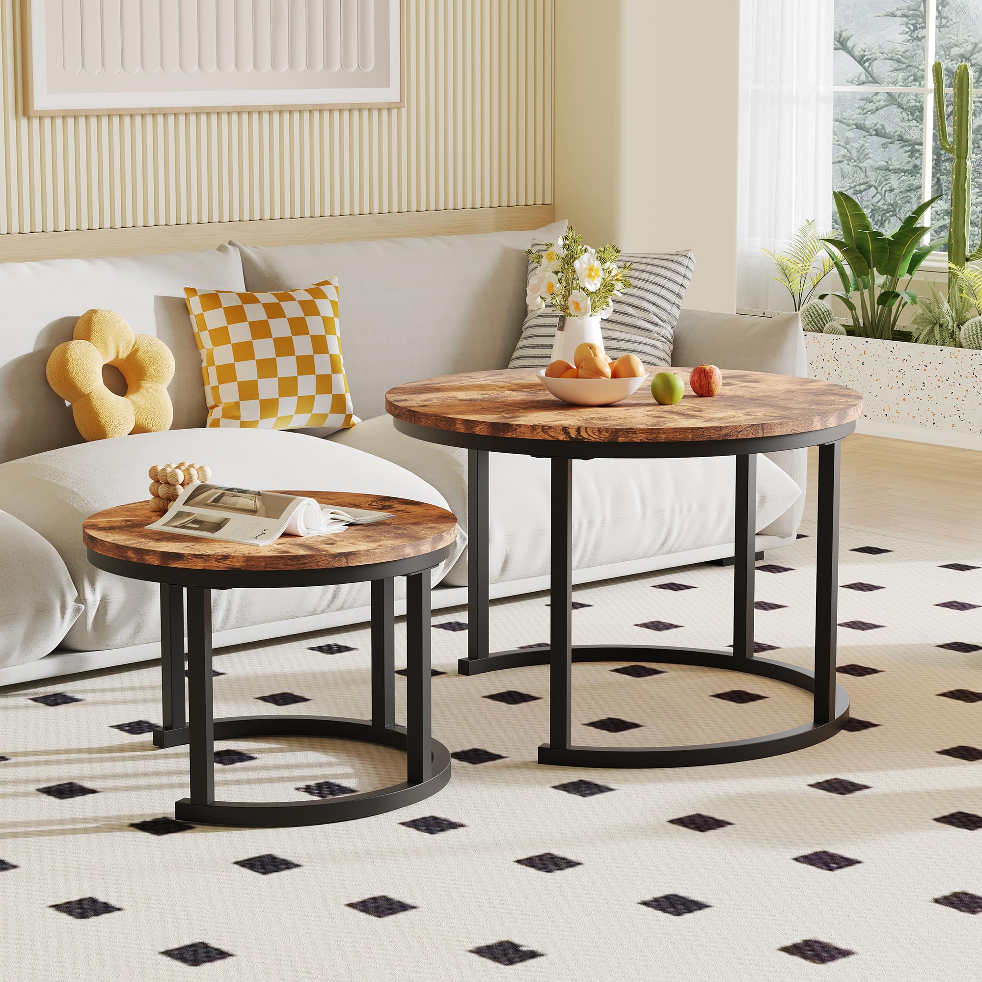 HOMERECOMMEND Juego de 2 mesas de centro redondas, color marrón rústico | Mesa de sofá moderna con estructura de metal negro,Mesa de centro de roble, mesa auxiliar nido para sala de estar