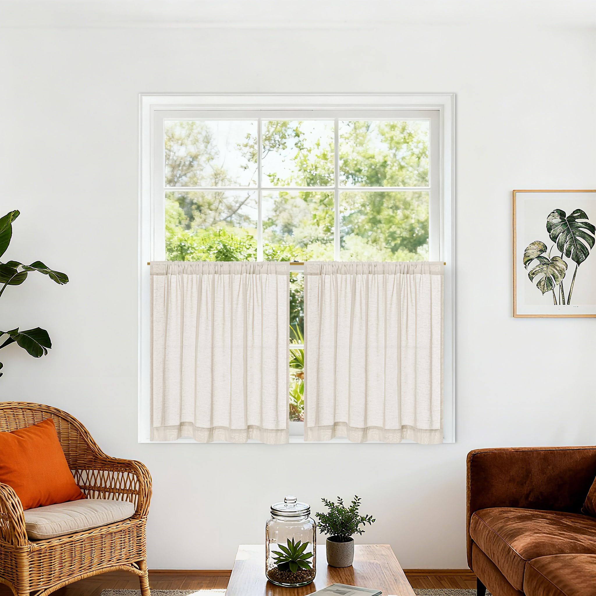 Smei Sheer Curtains for Kitchen Small Windows Curtains Linen Natural 30 Inches 2 Panel, Farmhouse RV Camper Drapes Light Filtering Rod Pocket for Living Room Half Windows, W25XL30 Inch