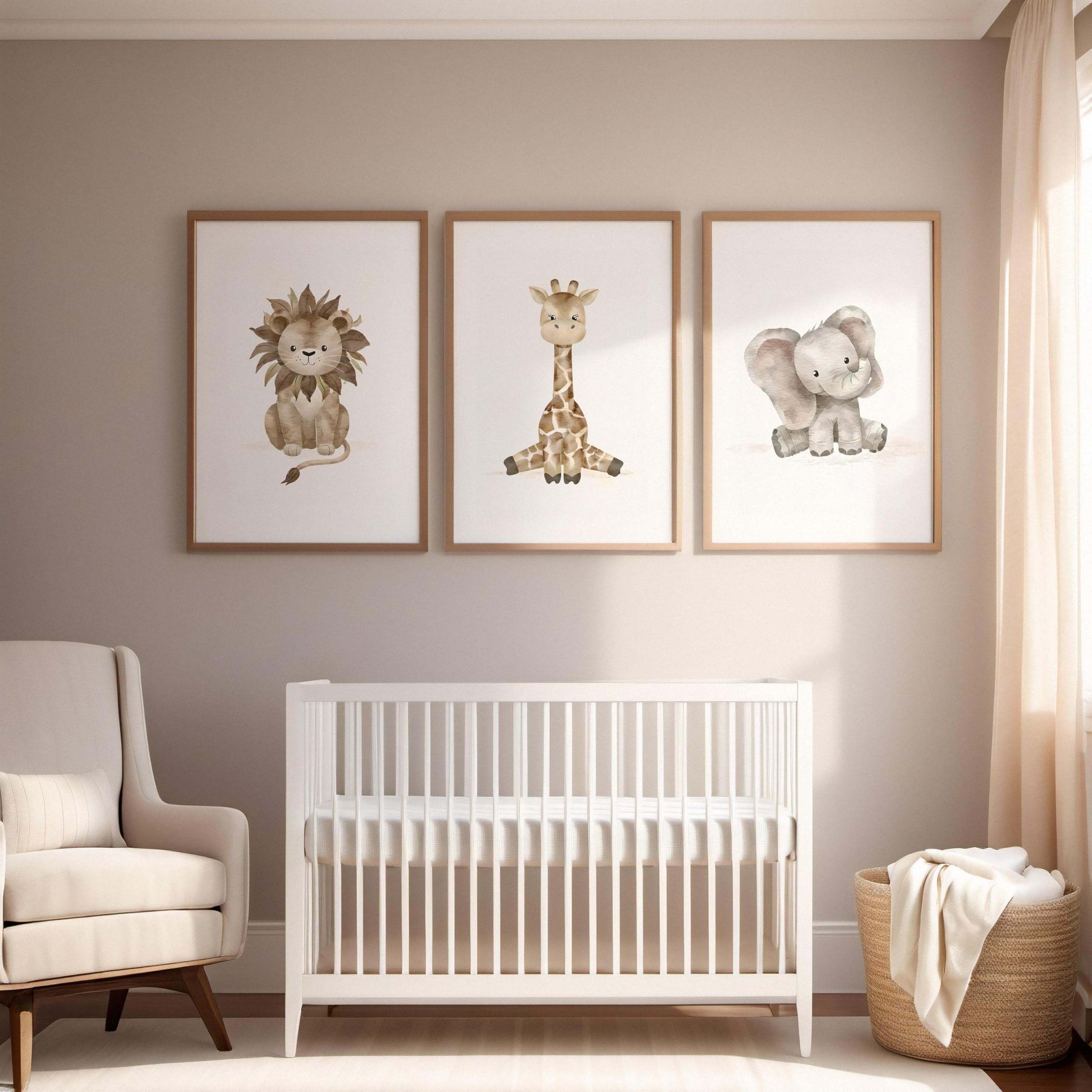 Lot de 3 impressions numériques pour chambre d'enfant : lion, girafe, éléphant, décoration murale animalière, art du zoo, photos pour chambre de bébé fille et garçon 20 x 35 cm x 3 avec cadre