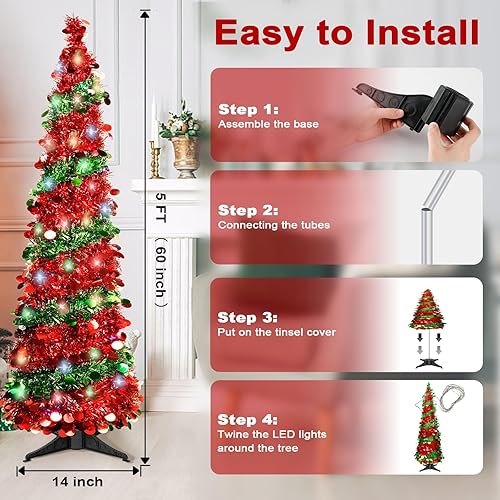 Miniatura 5 de Paquete de 2 árboles de Navidad plegables de oropel de 5 pies con 90 luces LED, árbol de Navidad artificial para hogar, oficina, fiesta, chimenea