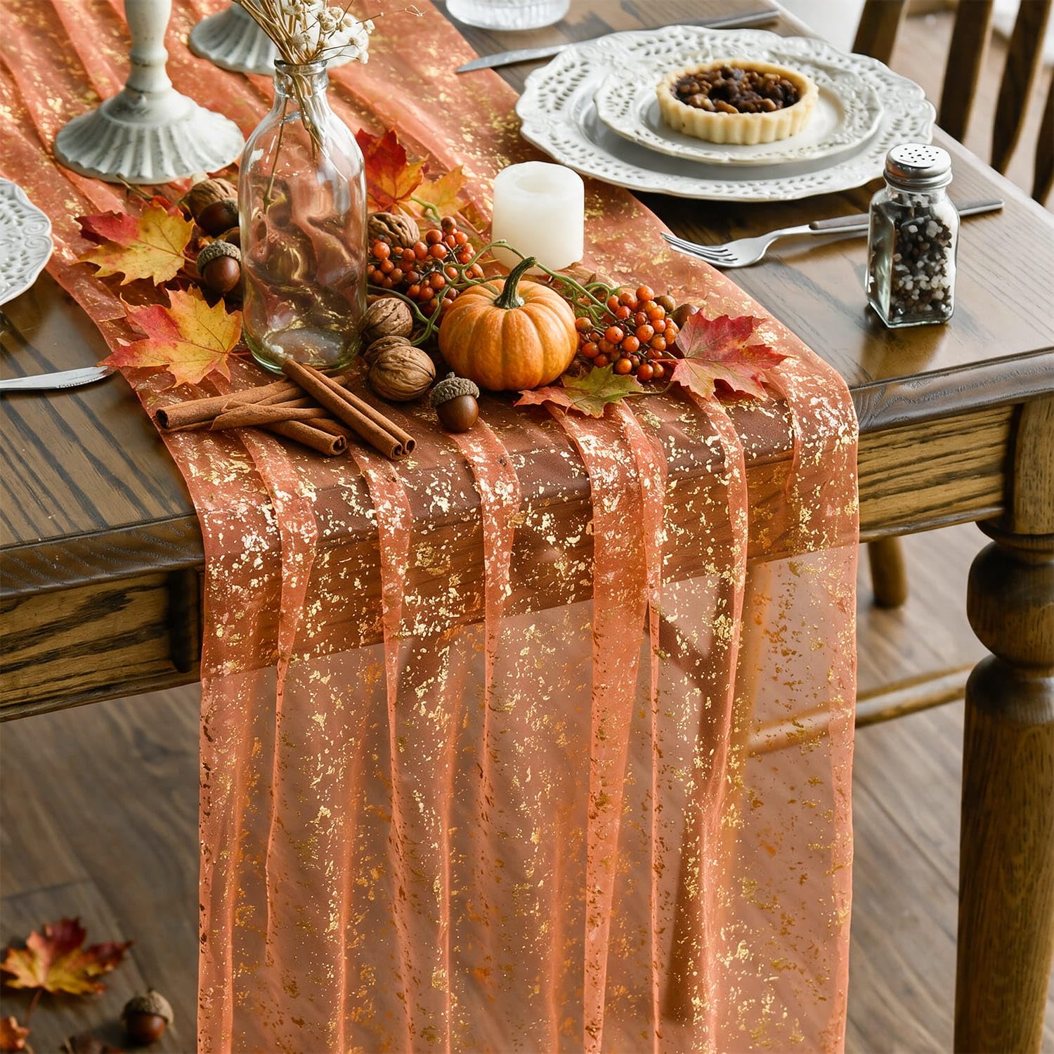 Artoid Mode Orange Gold Gauze Table Runner 120 Inch 10FT, Glitter Metallic Foil Sheer Dining Wedding Anniversary Holiday Table Decor for Home Party 28" x 120" Orange