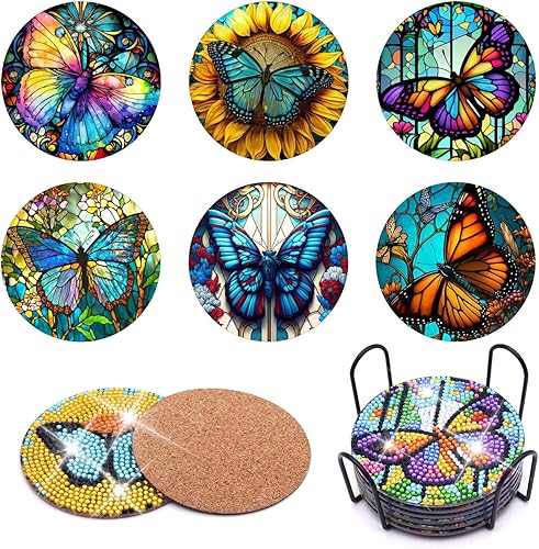 KJMYYXGS Juego de 6 posavasos de pintura de diamante con soporte, kit de posavasos de pintura de diamante de mariposa, posavasos de bebida con base disponible en Yaxa Colombia