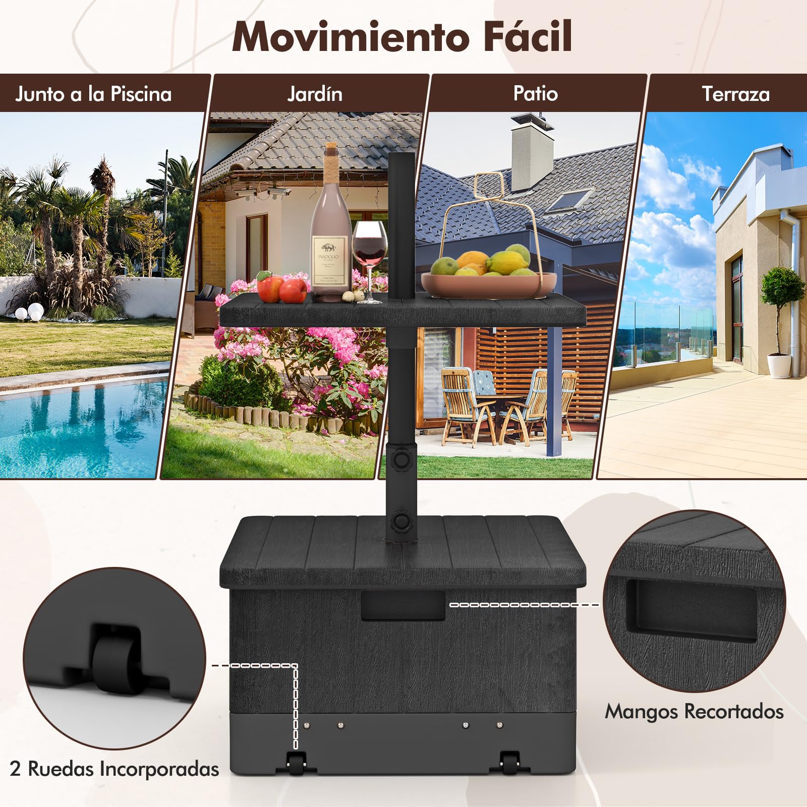 GOPLUS Base De Sombrilla Móvil Rellenable De Alta Resistencia, Soporte Para Sombrilla Con Ruedas Y Asa, Bandeja De Mesa, 2 Perillas Ajustables, Para Poste De Diámetro. 38mm/48mm (Negro)