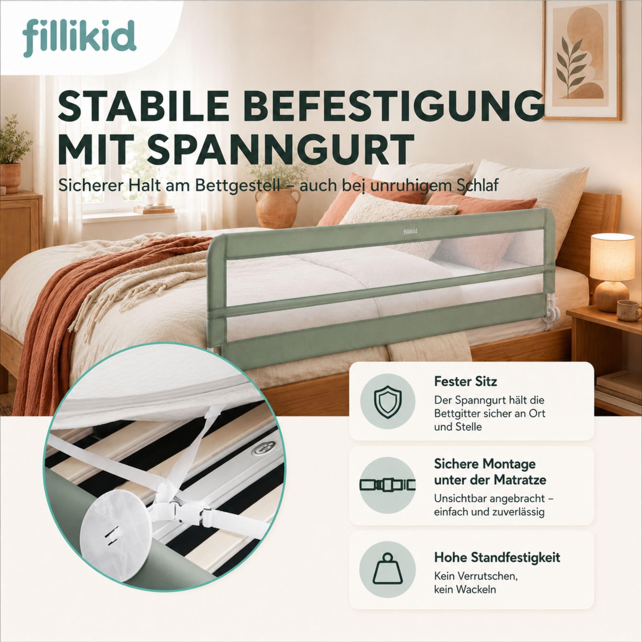 Fillikid Bettgitter Lina XL 180 x 50 cm Exklusiv | Rausfallschutz Bettschutzgitter für Kinderbett & Boxspringbett | Kinder Schutzgitter klappbar | Extra lang | Seitenschutz fürs Bett