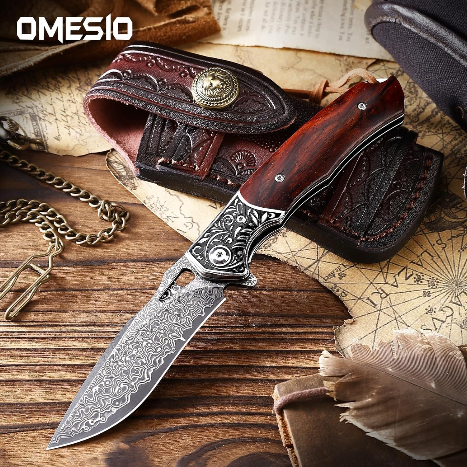 Omesio Damast VG10 Stal Scyzoryk EDC Drewniana Rękojeść Etui | Scyzoryk EDC ze stali damasceńskiej VG10, drewnianą rękojeścią i skórzaną pochwą, do campingu, wędrówek i outdoor