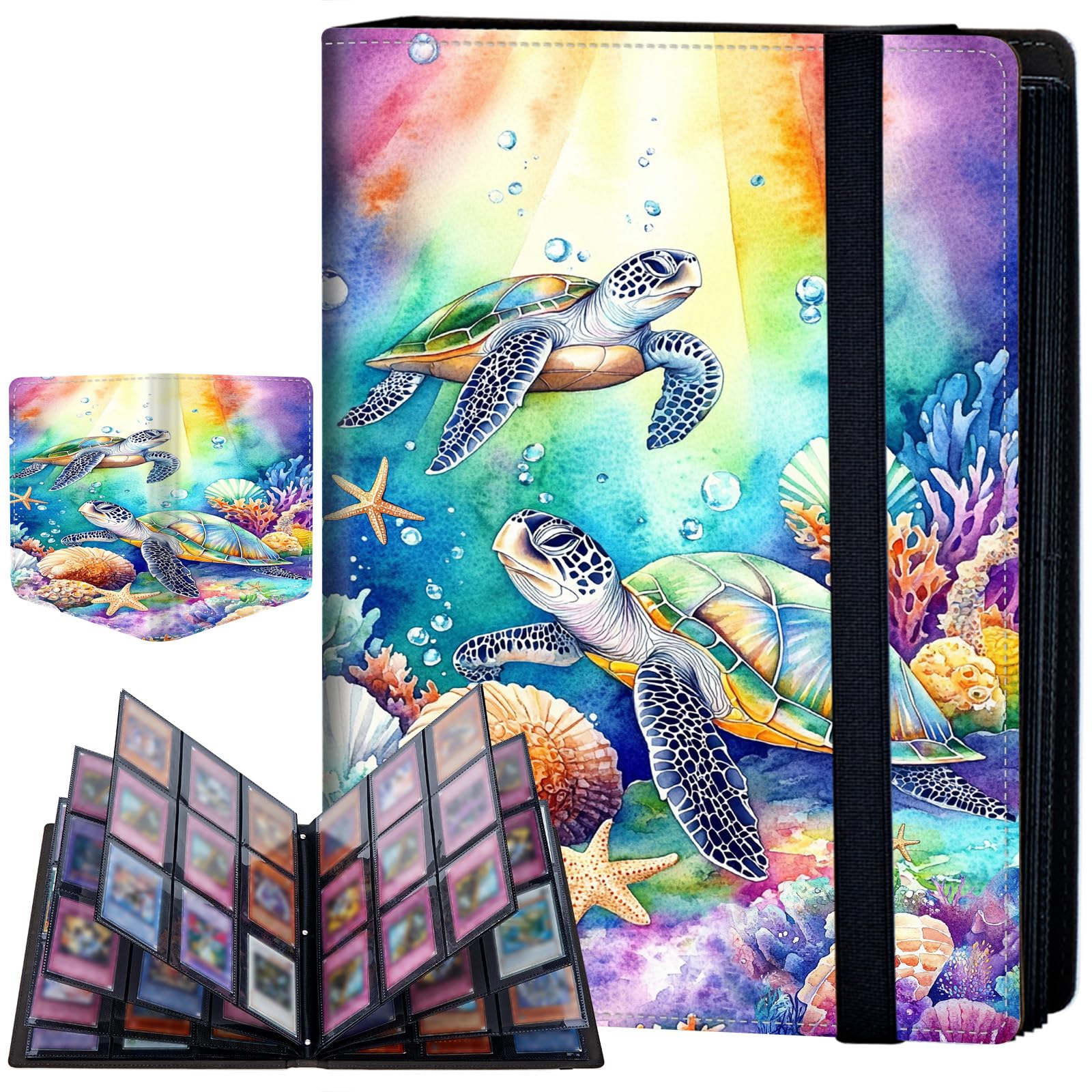 9 Pocket Card Binder for Trading Cards, Trading Card with Sleeves Holder Album, PU Leather Cover Card Collection Binder Large Capacity 360 Pocket Storage Card Sleeves for MTG,TCG, Rainbow Turtle