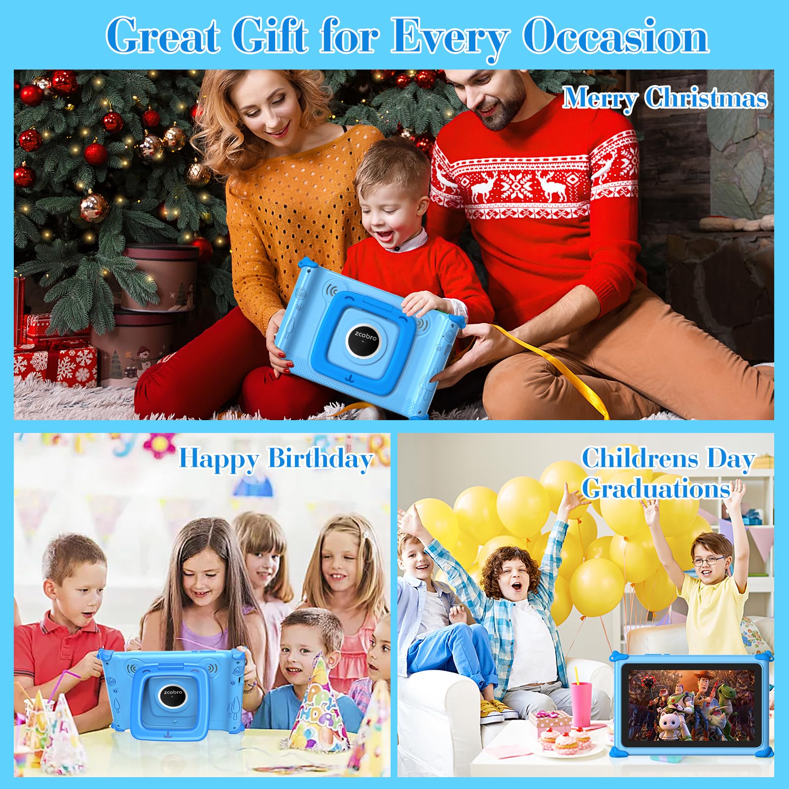 zcobro Tablet Educativo per Bambini 7 Pollici, Sistema Android, Protezione Luce Blu, Limite Tempo Schermo, Memoria Espandibile, App Montessori, Tablet Infantile Regalo con Custodia Protettiva Blu