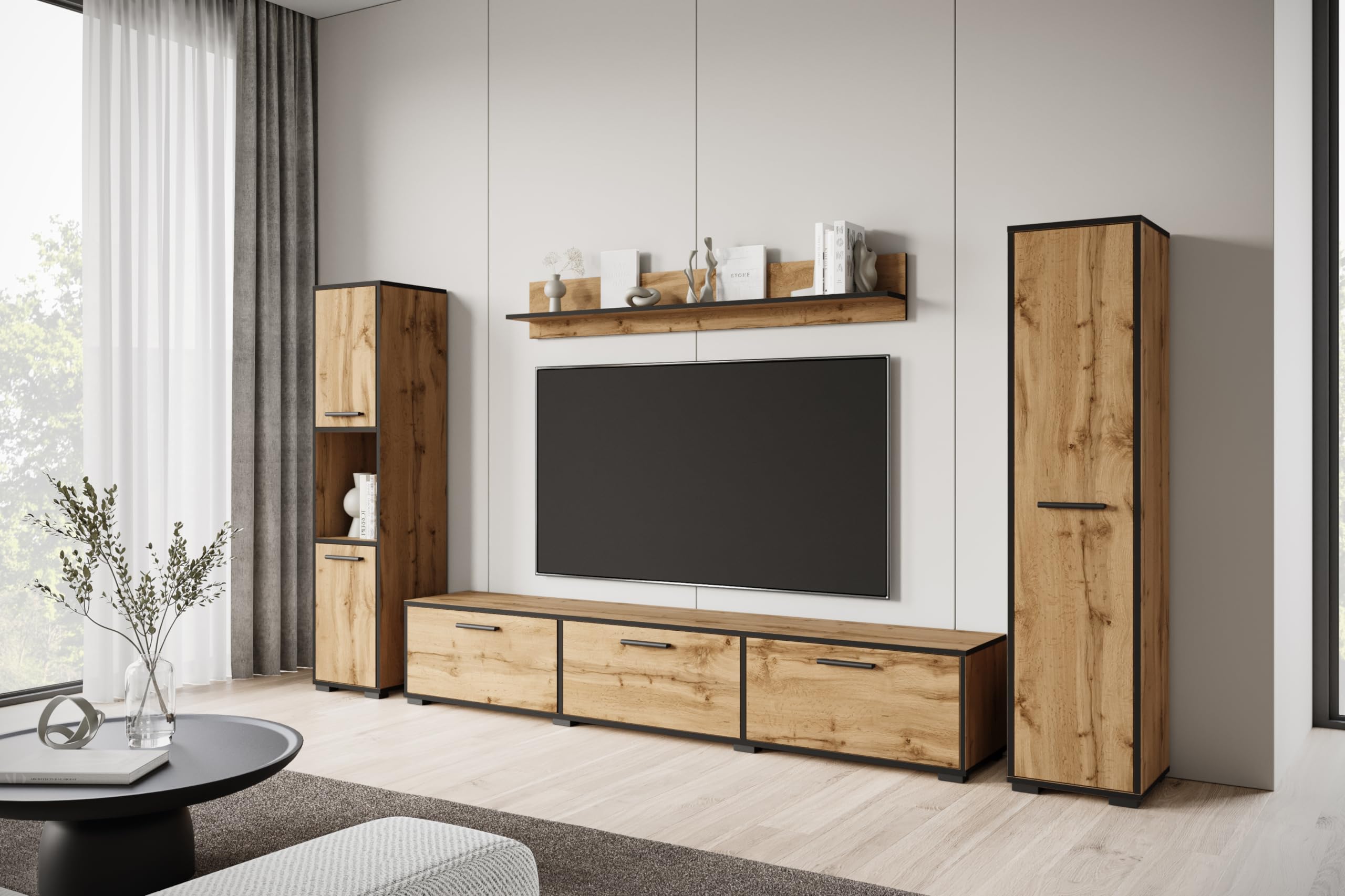 MINIO go for it - Wohnwand Wohnzimmer 4-teilig Toga, Wohnzimmer Möbel Set, 1x TV Lowboard, 2X Hochschrank, 1x Wandboard, Wohnzimmermöbel Komplett, Wohnzimmer Set - Farbe Wotan Eiche/Schwarz Farbe