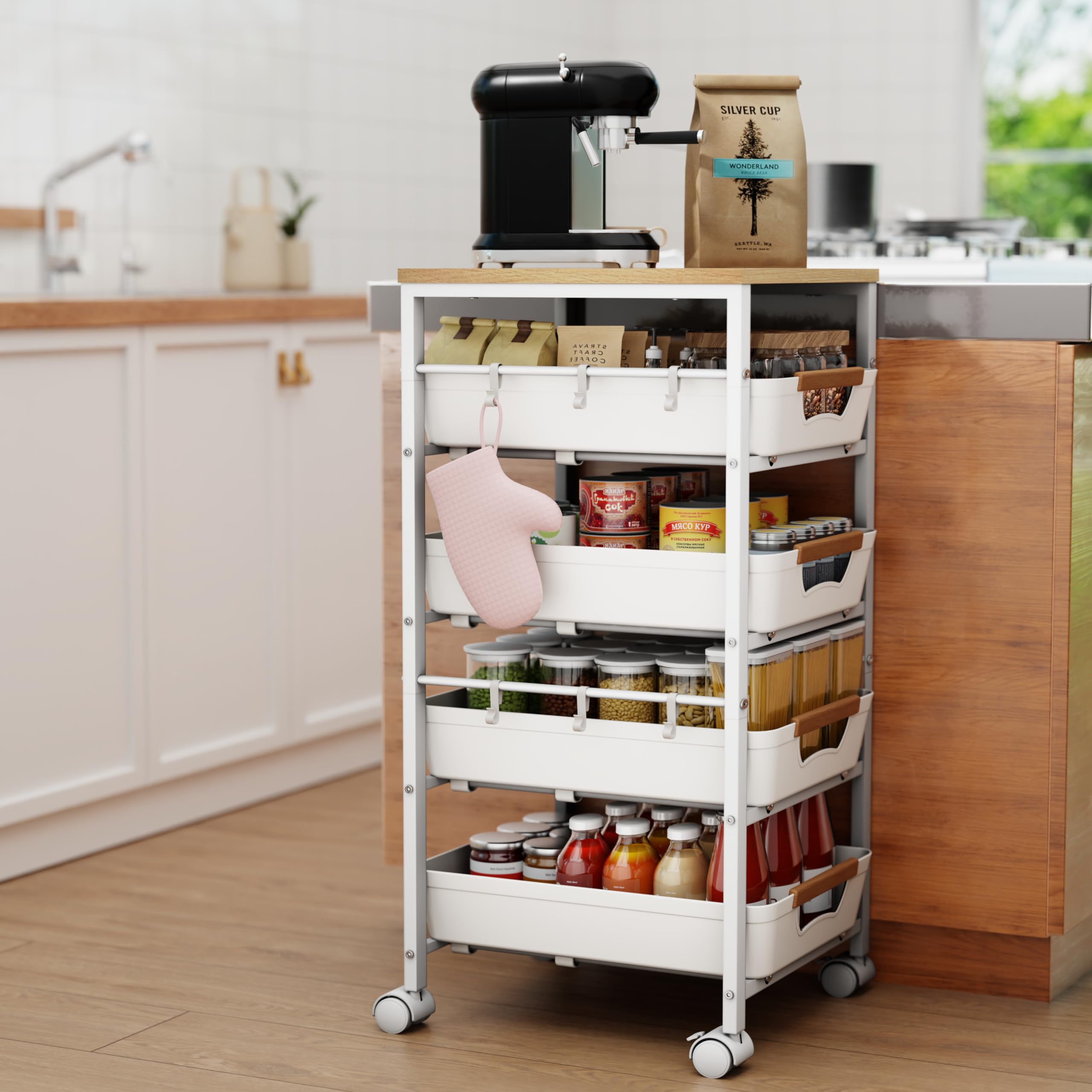 Küchenwagen mit 5 Ebenen & herausnehmbarer Schublade, Aufbewahrungswagen aus Metall mit Holzplatte, belüfteten Körben und Rollen, Snack-Organizer für Obst und Gemüse(32,5x36,5x82 cm, Weiß​​)