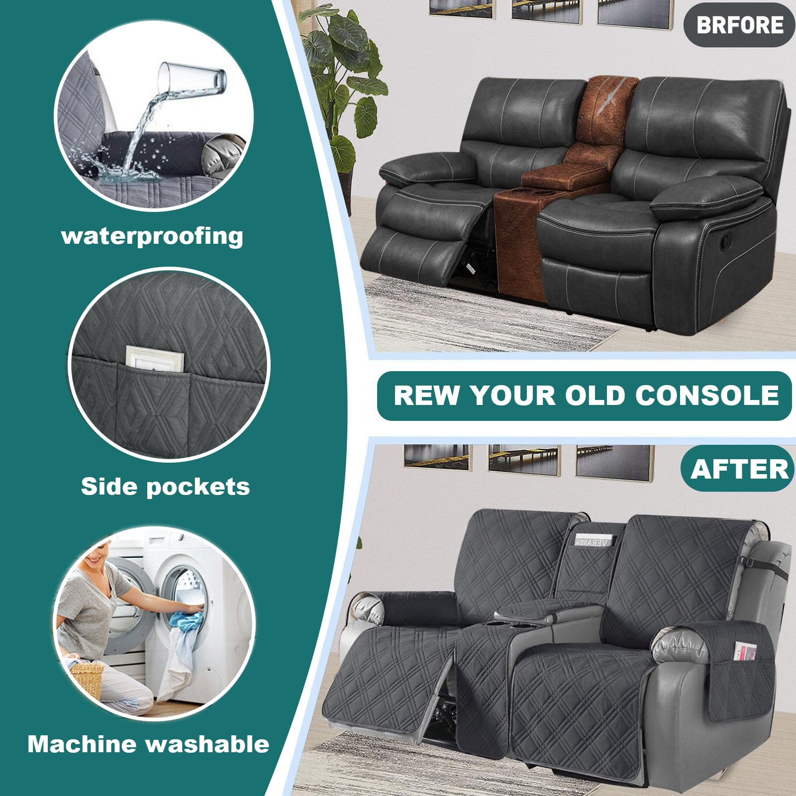 Waterproof Recliner 4-Piece Recliner Loveseat Cover with Center Console Couches Reclining Protector with Elastic Straps Pocket for Pets 2 Seater
