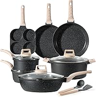 Vista 12 de CAROTE Juego de 21 ollas y sartenes antiadherentes, juego de utensilios de cocina de inducción color negro con sartenes y cacerolas