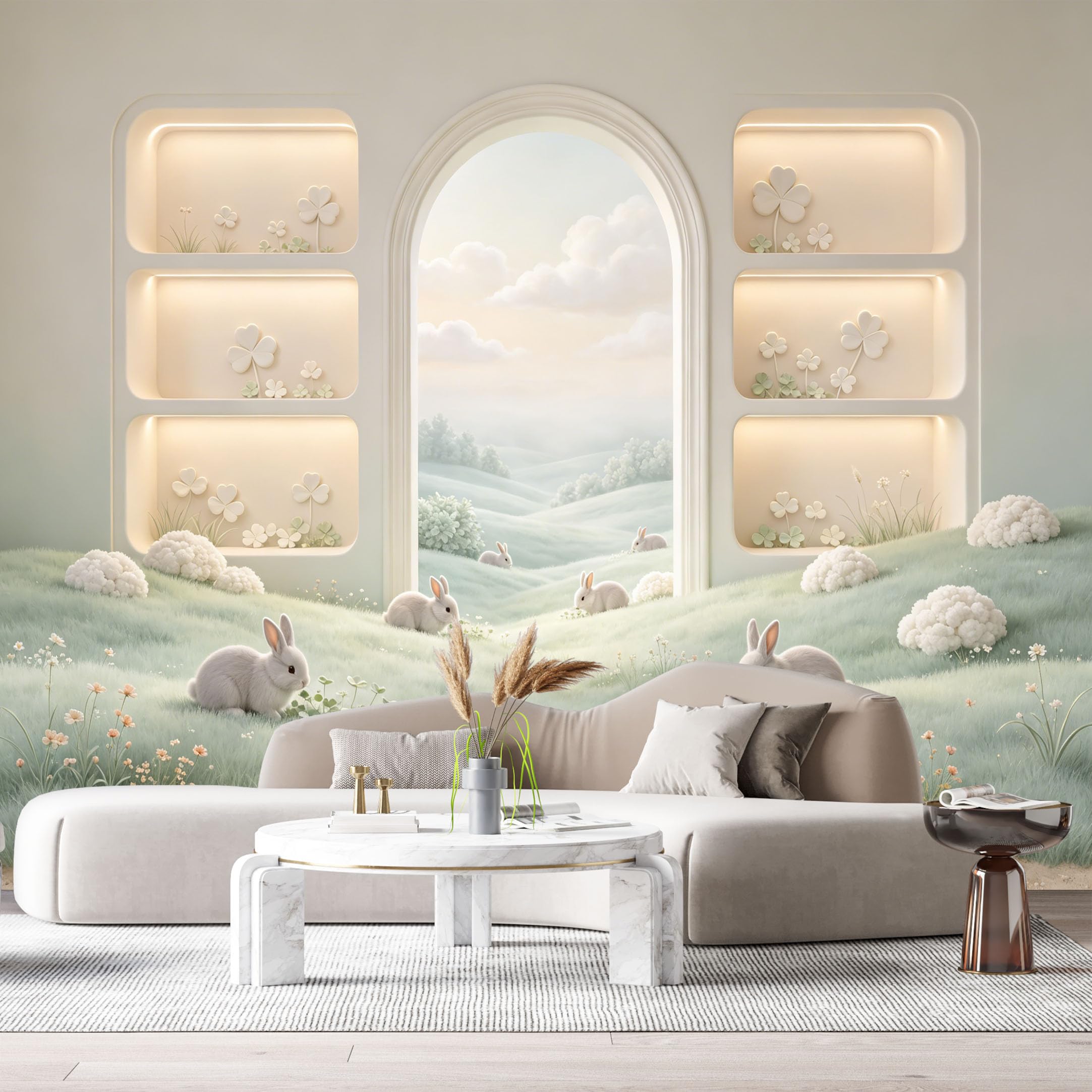 Custom Size Wall Murals Soft Rabbit Landscape Archway 3D Trompe L'Oeil SelfAdhesiveWall Fabric Removable Wallpaper Wall Decor for Living Room Bedroom Bathroom