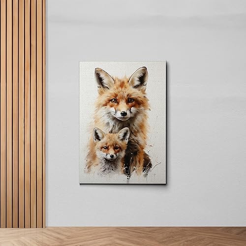 Fox Mother Cub Prints, In The Style Of Stencil,Based, Ivory, Kids Wall Art, Kids Wall Art Display, Mom And Baby Animal Art Print, Wall Art, Home