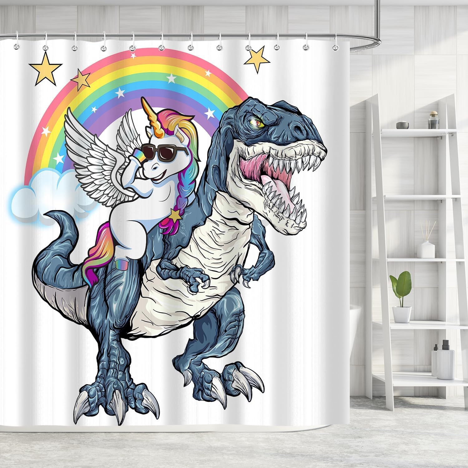 Funny Unicorn Riding Dinosaur Shower Curtain, Cool Cute Cartoon Space Colorful Rainbow Fantasy Galaxy Shower Curtains for Kids Boys Girls Bathroom Set Decor, Waterproof Durable with 12 Hooks, 72x84