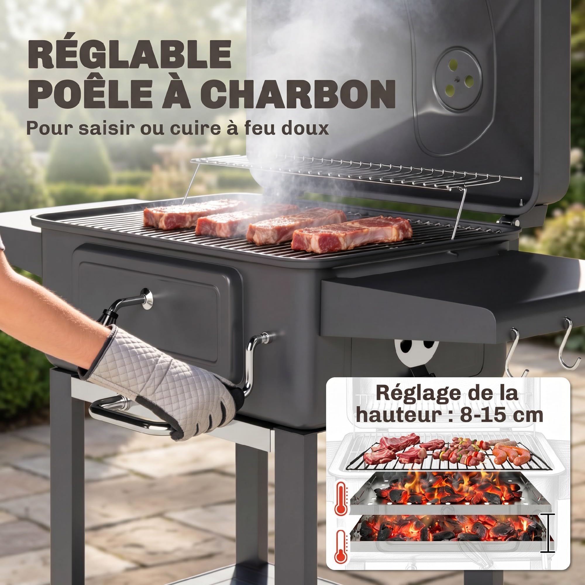 Outsunny Barbecue Charbon de Bois XXL 112cm, Couvercle Fumoir à 600°C, Noir | Thermomètre, Chariot Grill de Jardin, Bac à Charbon, Évents Ajustables, Porte de Ravitaillement