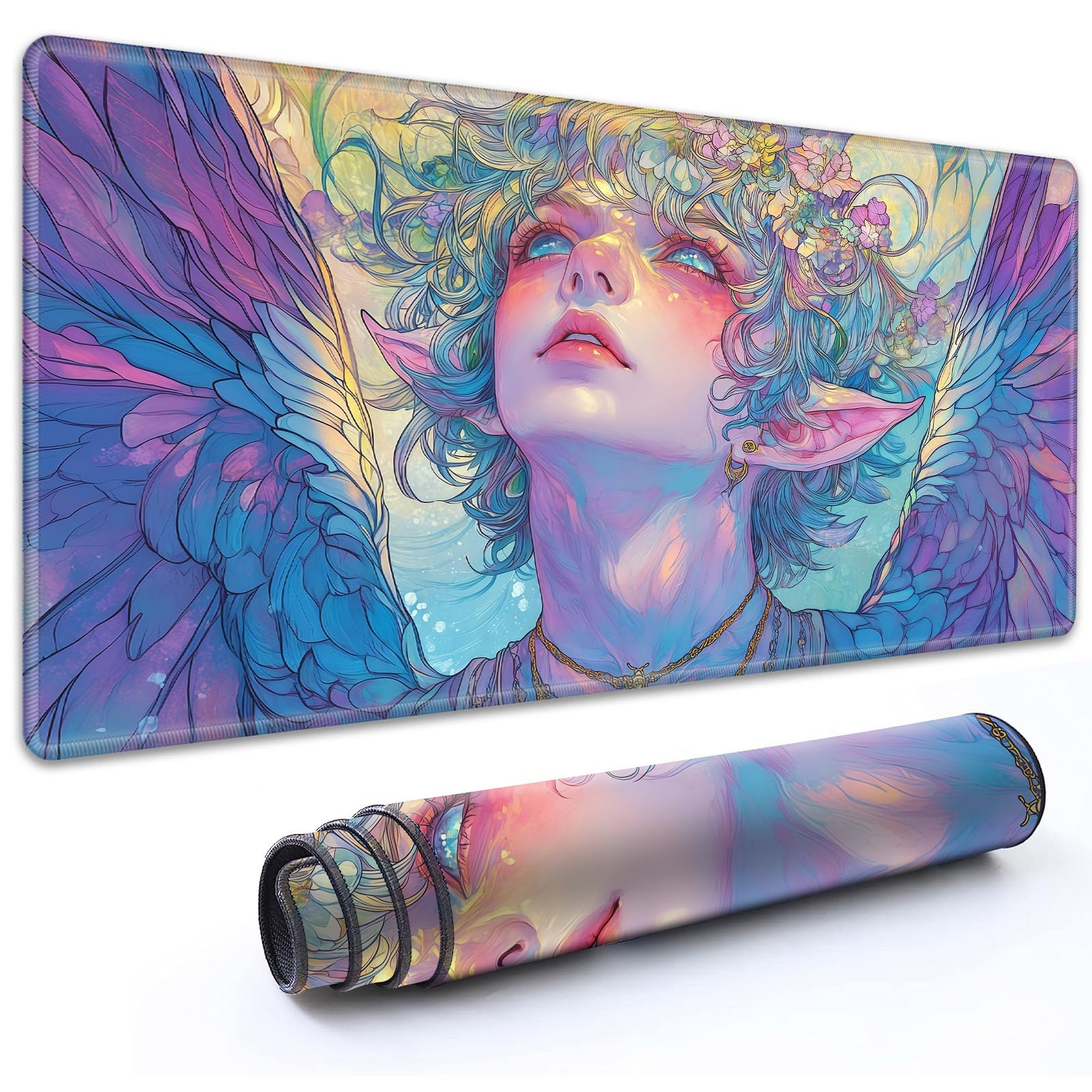 RMJKXQZG MTG Playmat 24" x 14" with High Elastic Rubber Base Non-Slip Rubber HD Fade-Resistant Printing Durable TCG Gaming for Card Games Desk Mat & Mouse Pad, Whimsical Fairy with Flower Crown