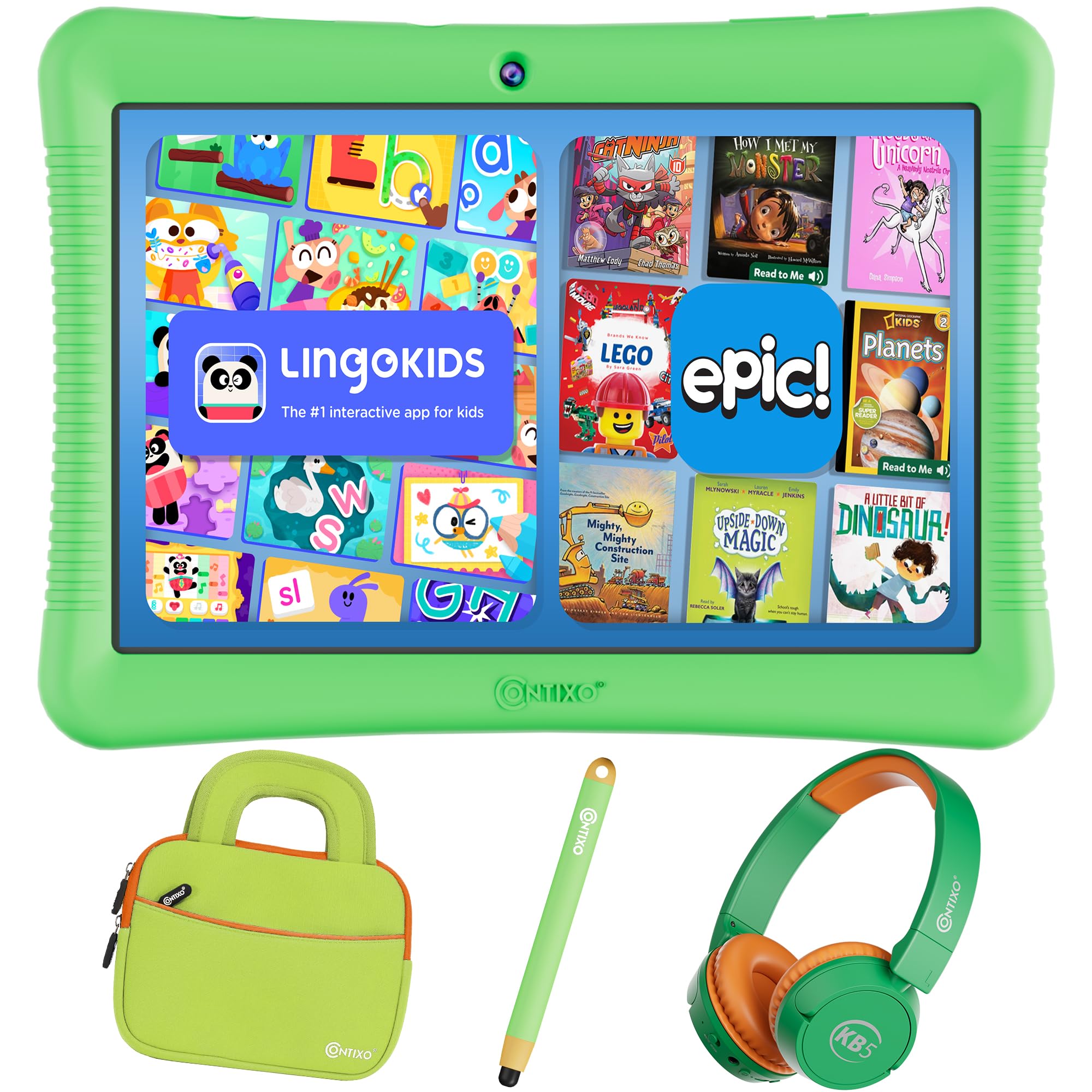 Contixo 10" Android Kids Tablet Bundle - 32GB, with Epic &amp; Lingokids Educational Apps, Parental Controls, Kid-Proof Case w/Kickstand &amp; Stylus, Headphones &amp; Sleeve Bag - Green