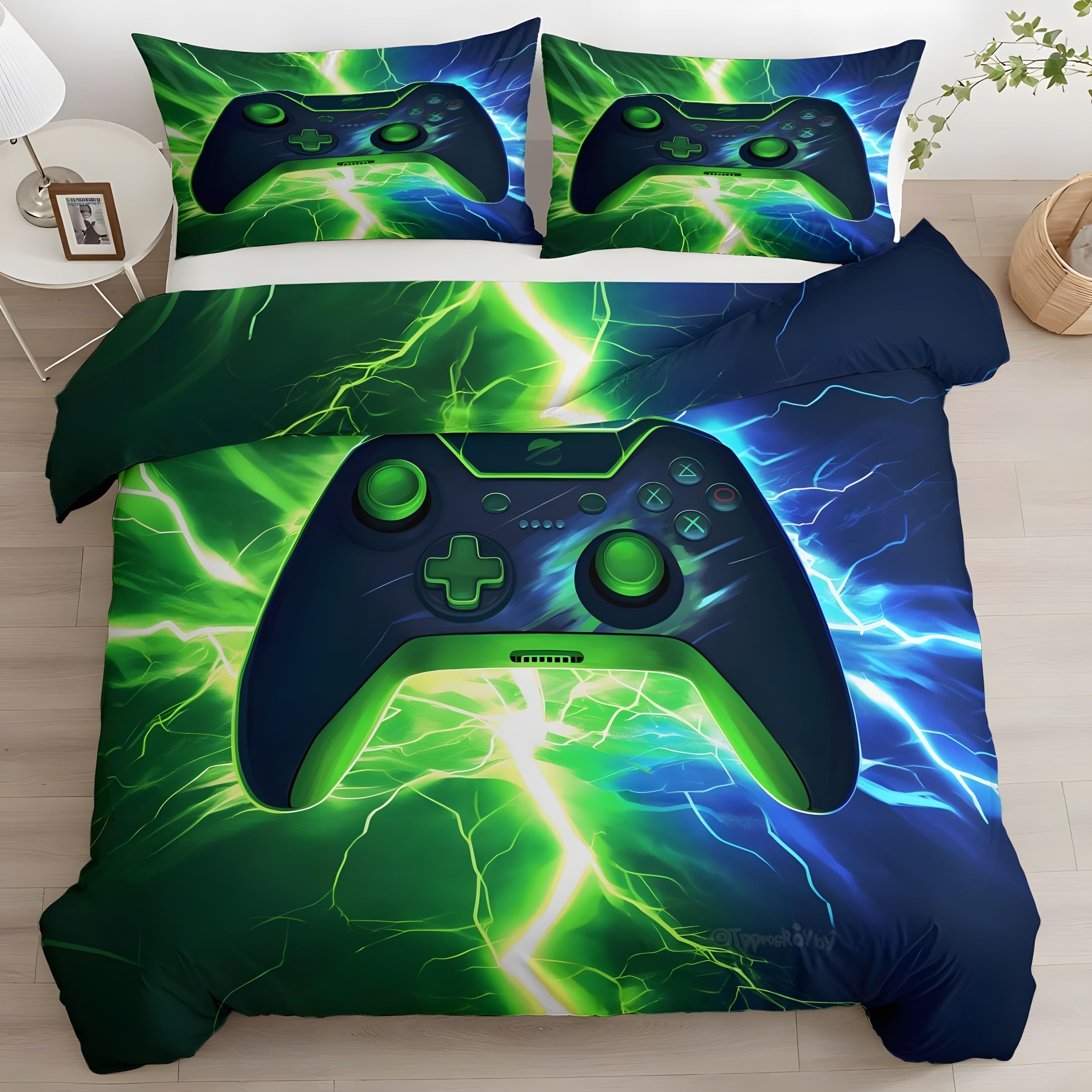 YZQGLHP Game Controller King Duvet Cover Set 225x220cm Teal Lightning Pattern Soft Fluffy Microfiber King Size Bedding, Easy Care Quilt Cover with Zipper & 2 Pillowcases 50x75cm