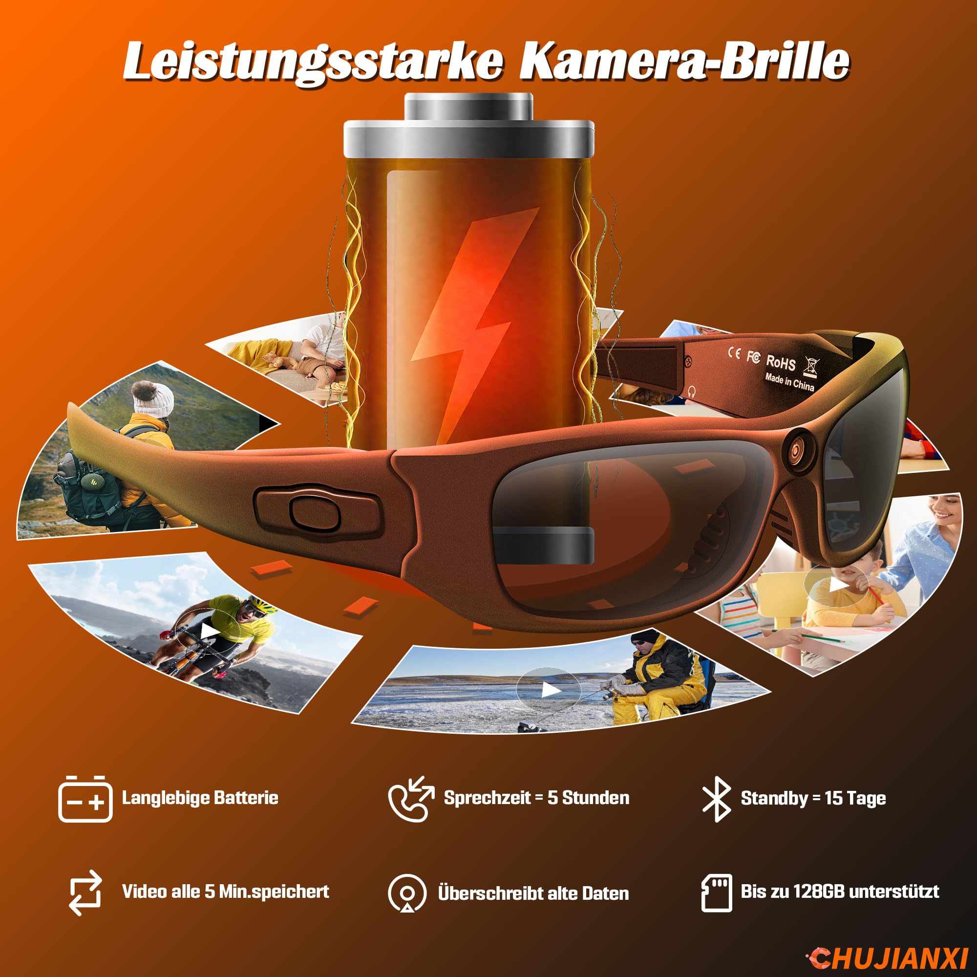 Mini Kamera,Brille mit Kamera Bluetooth,Videobrille 1080P mit Kopfhörer,Sonnenbrille Videobrille mit Polarisierten UV400-Gläsern,Tragbare Brille Camera für Outdoor-Sportarten,Radfahr