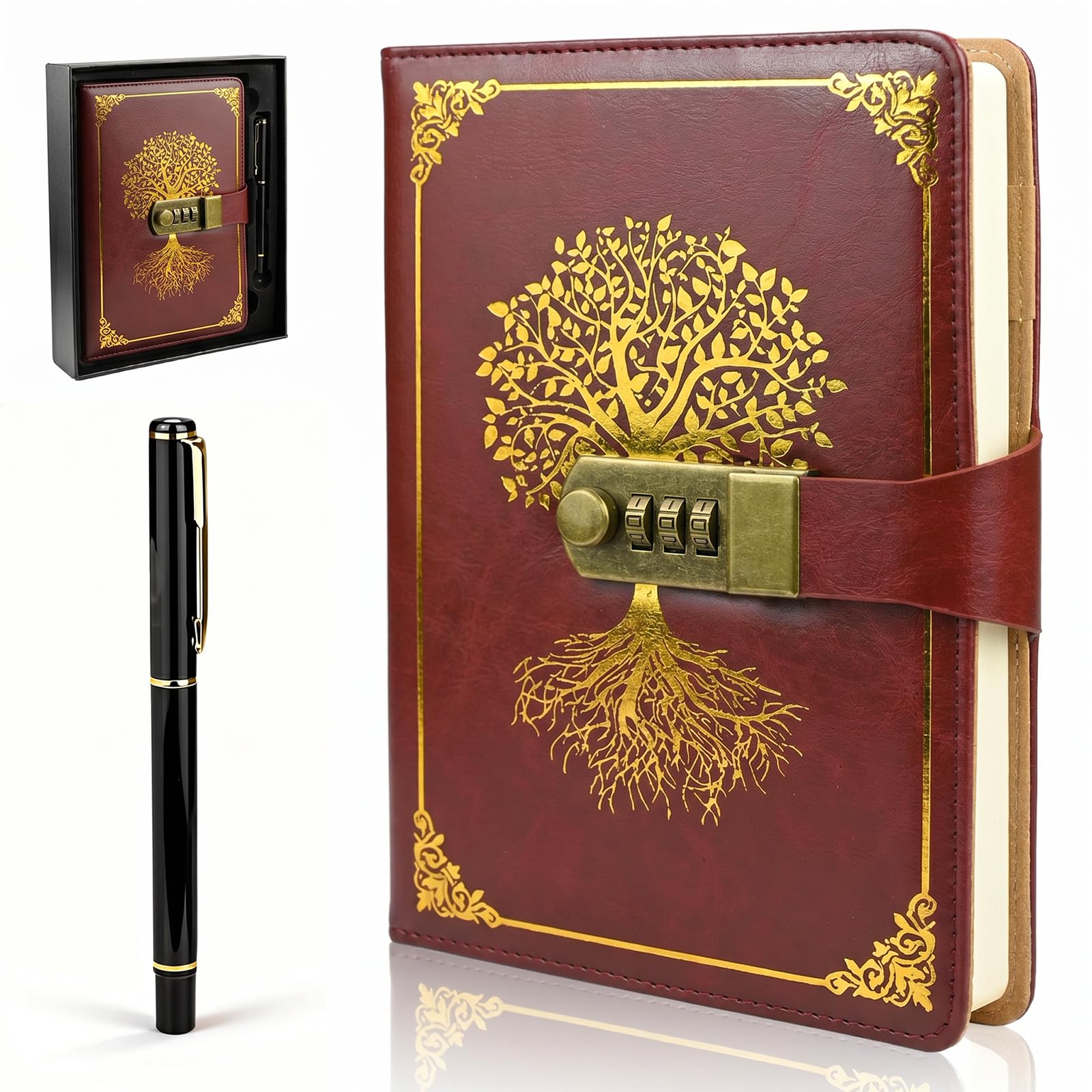 twirush A5 Diary with Lock, Vintage PU Leather Journal With Lock, 300 Pages Lined Paper Password Notebook with Pen & Gift Box, Secret Diary Lockable Journal for Women, Girls, Men, Students (Red)