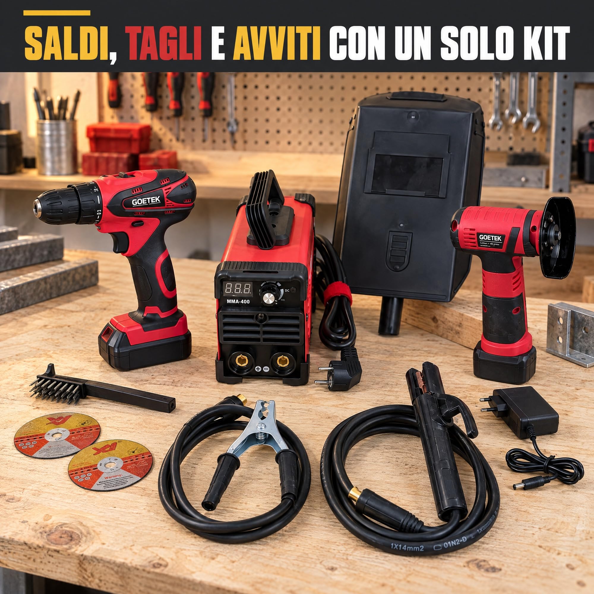 Saldatrice Inverter 400A Kit 3 in 1 con Smerigliatrice e Avvitatore