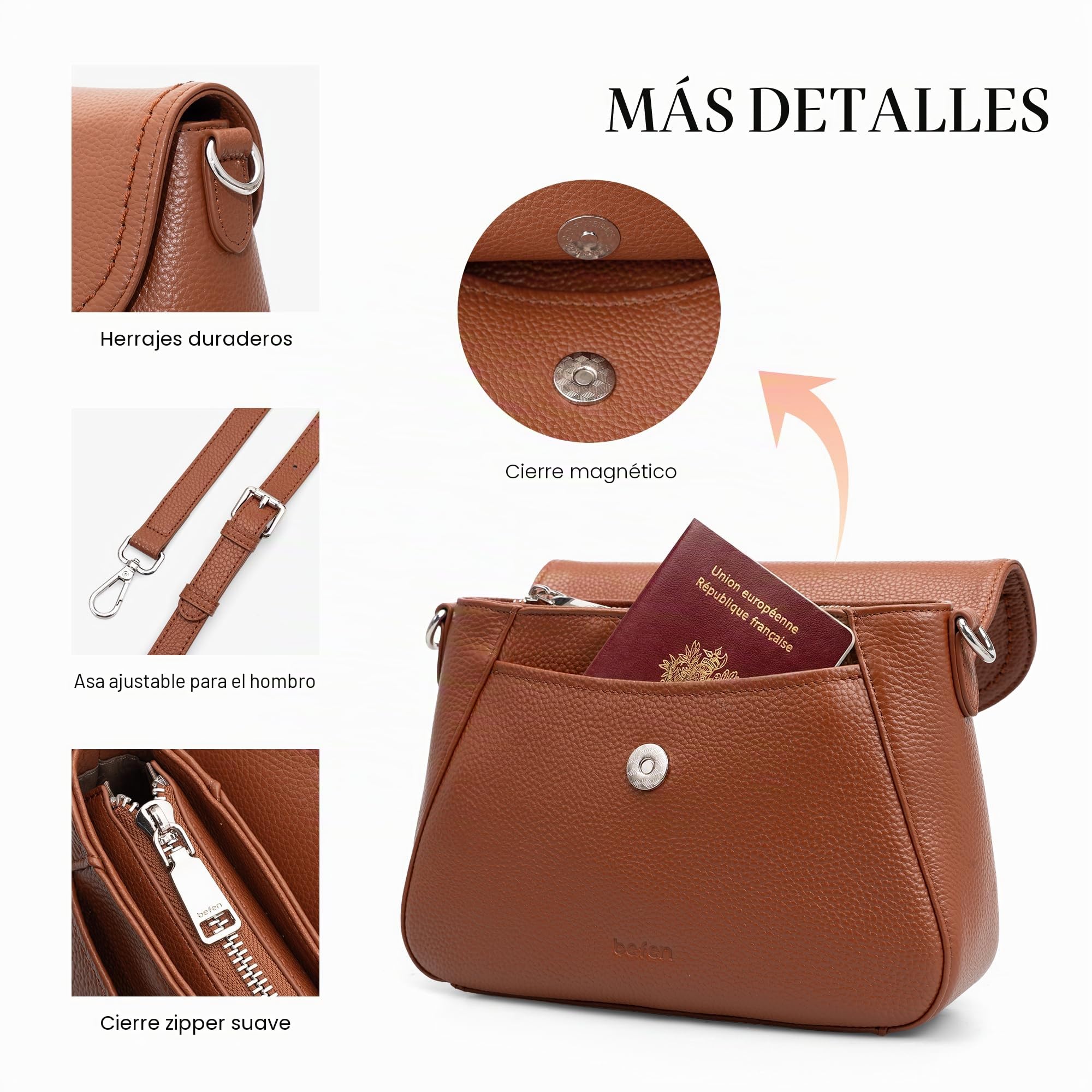 befen Bolsos Bandolera de Cuero Auténtico para Mujer con Protección RFID - Bolso Medio Tipo Silla de Montar - Bolso de Cruz