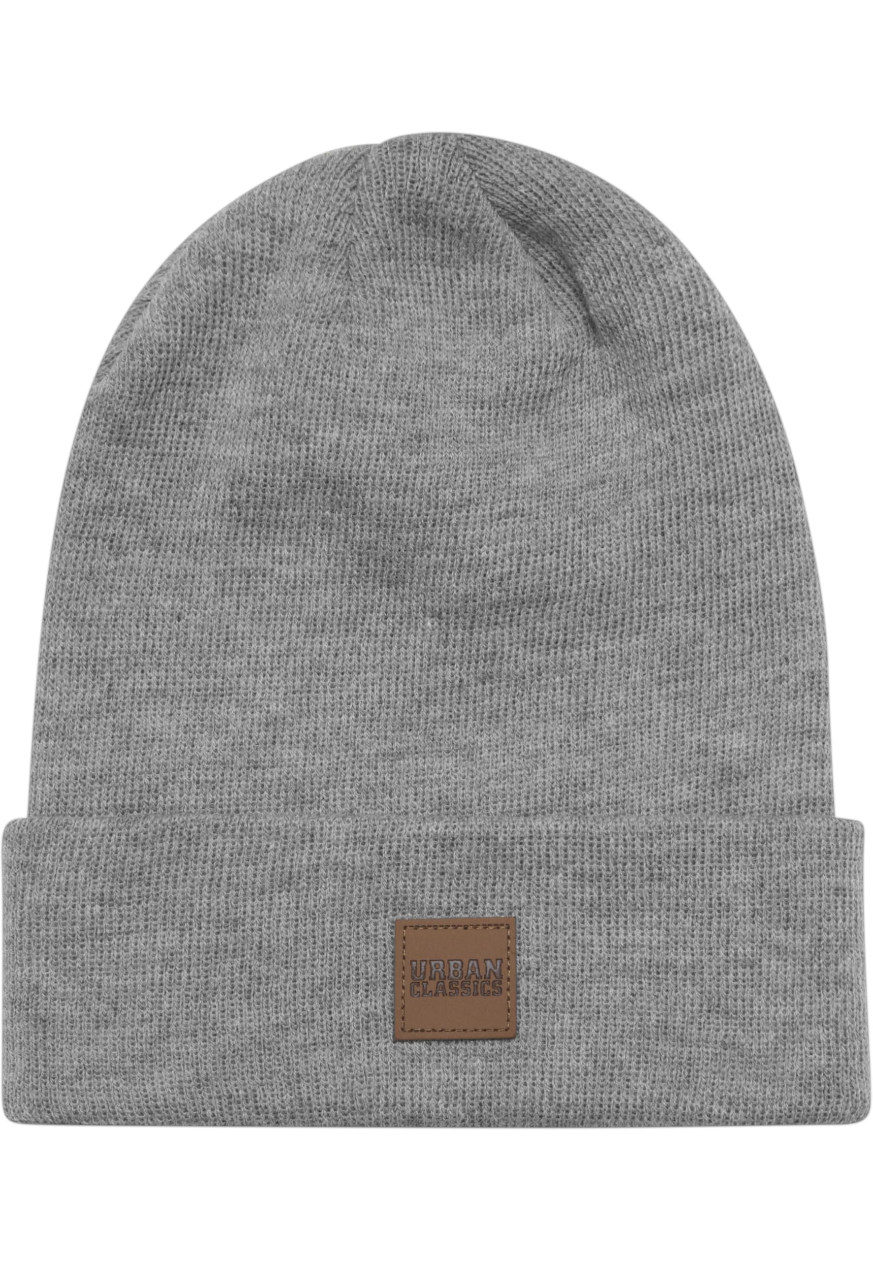 Urban Classics Unisex Knitted Cap Leather Patch Long Beanie, One Size (Manufacturers Size: One Size) - Grey, uni