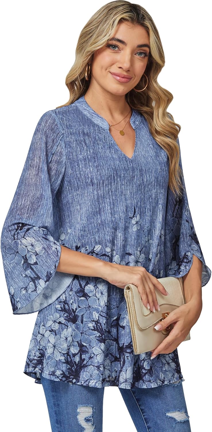 BAISHENGGT Women's Dressy Tops 3/4 Bell Sleeve Elegant V Neck Double Layers Mesh Blouses Tunic Tops - Image 4