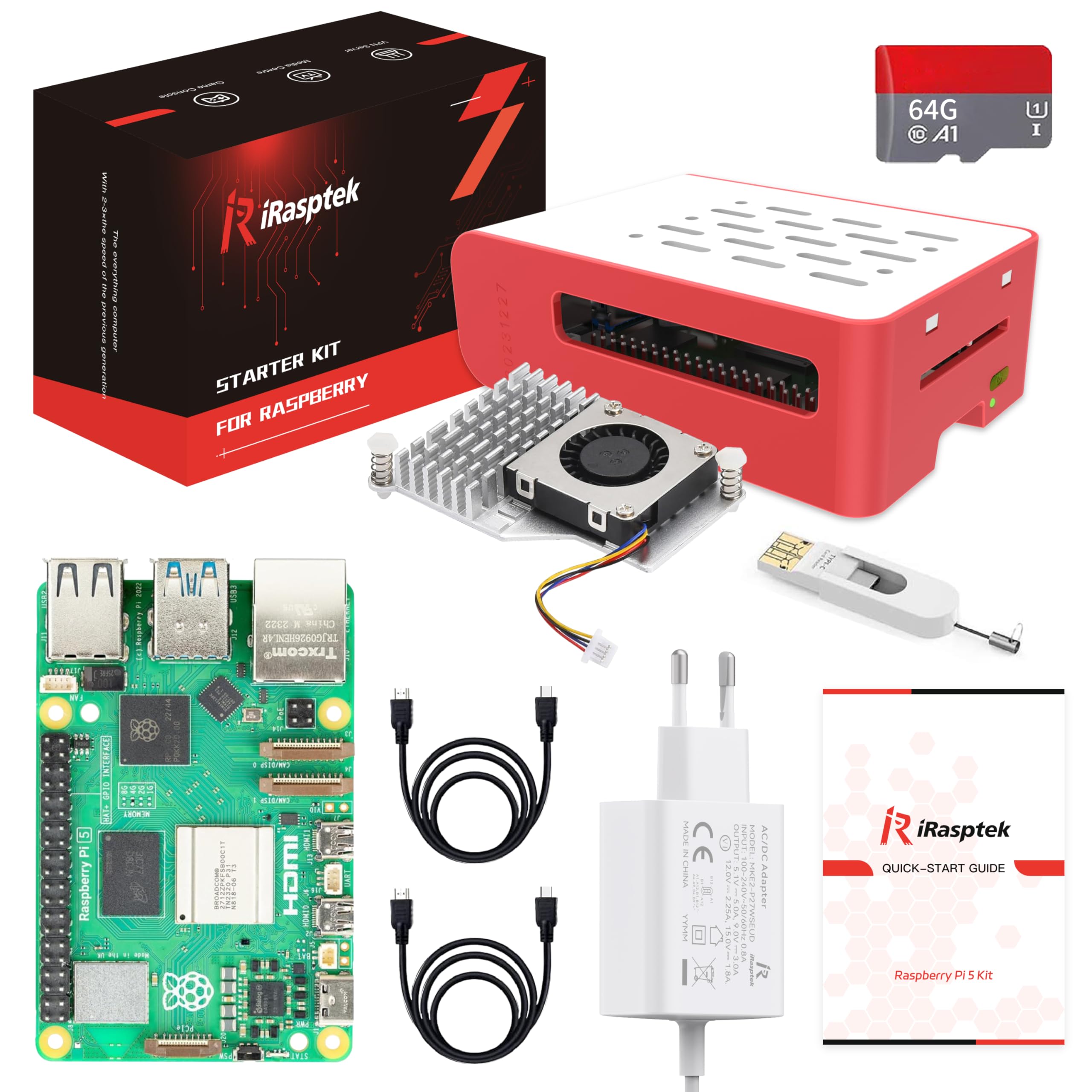 iRasptek Starter Kit for Raspberry Pi 5 4Go - Édition OS-Bookworm de 64Go préinstallée (boîtier Rouge et Blanc)