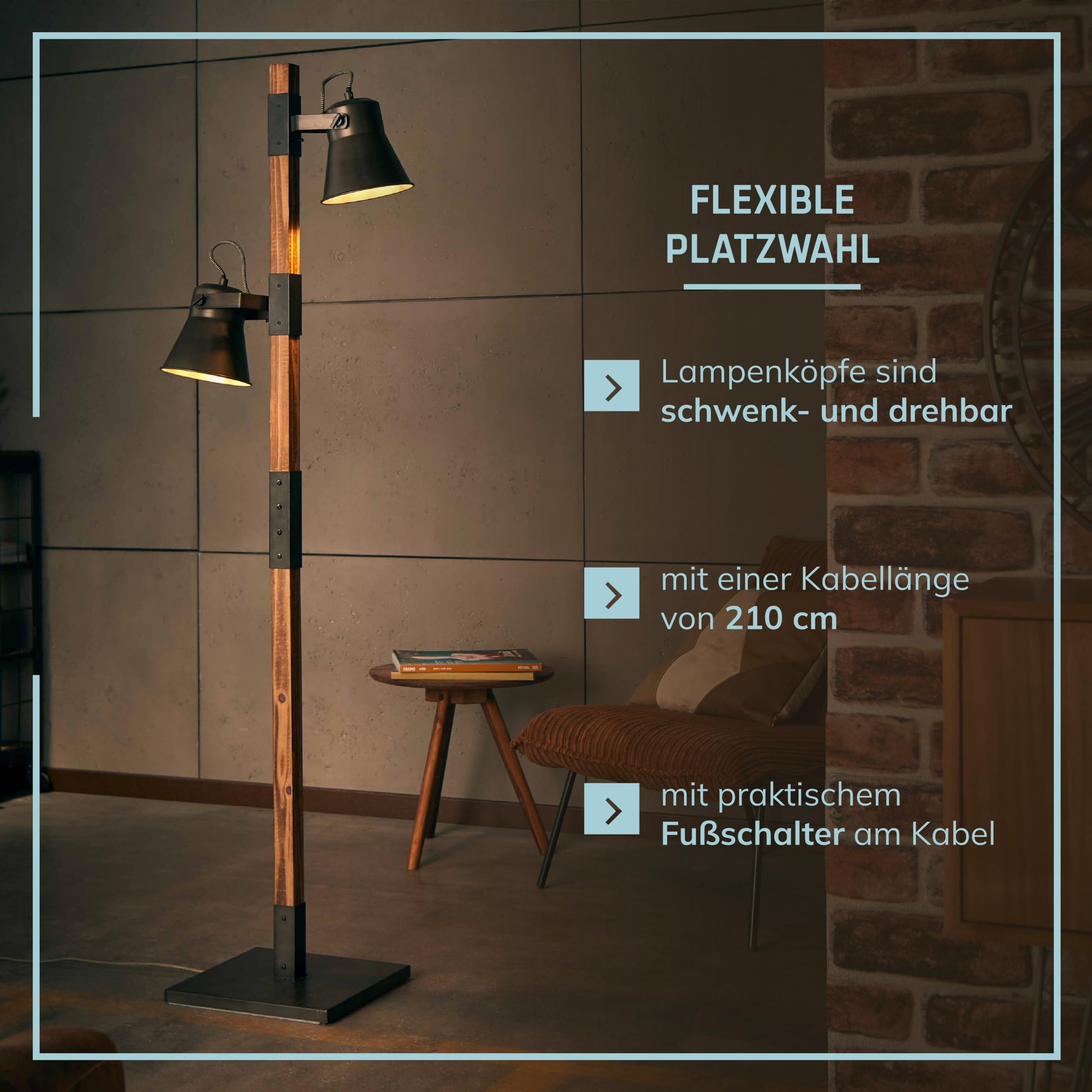 Lightbox Stehlampe im Industrial-Look - Standleuchte 2-flammig - 154cm Lampe für Wohnzimmer, Schlafzimmer & Esszimmer - E-27 Fassung exkl. LED