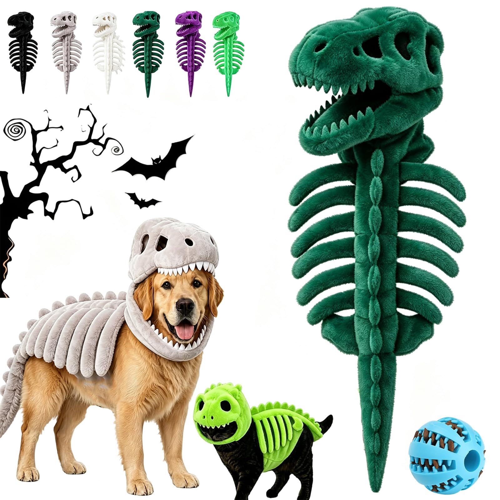 Dog Dinosaur Skeleton Glow in the Dark Halloween For Cats Dogs (Green,35CM)