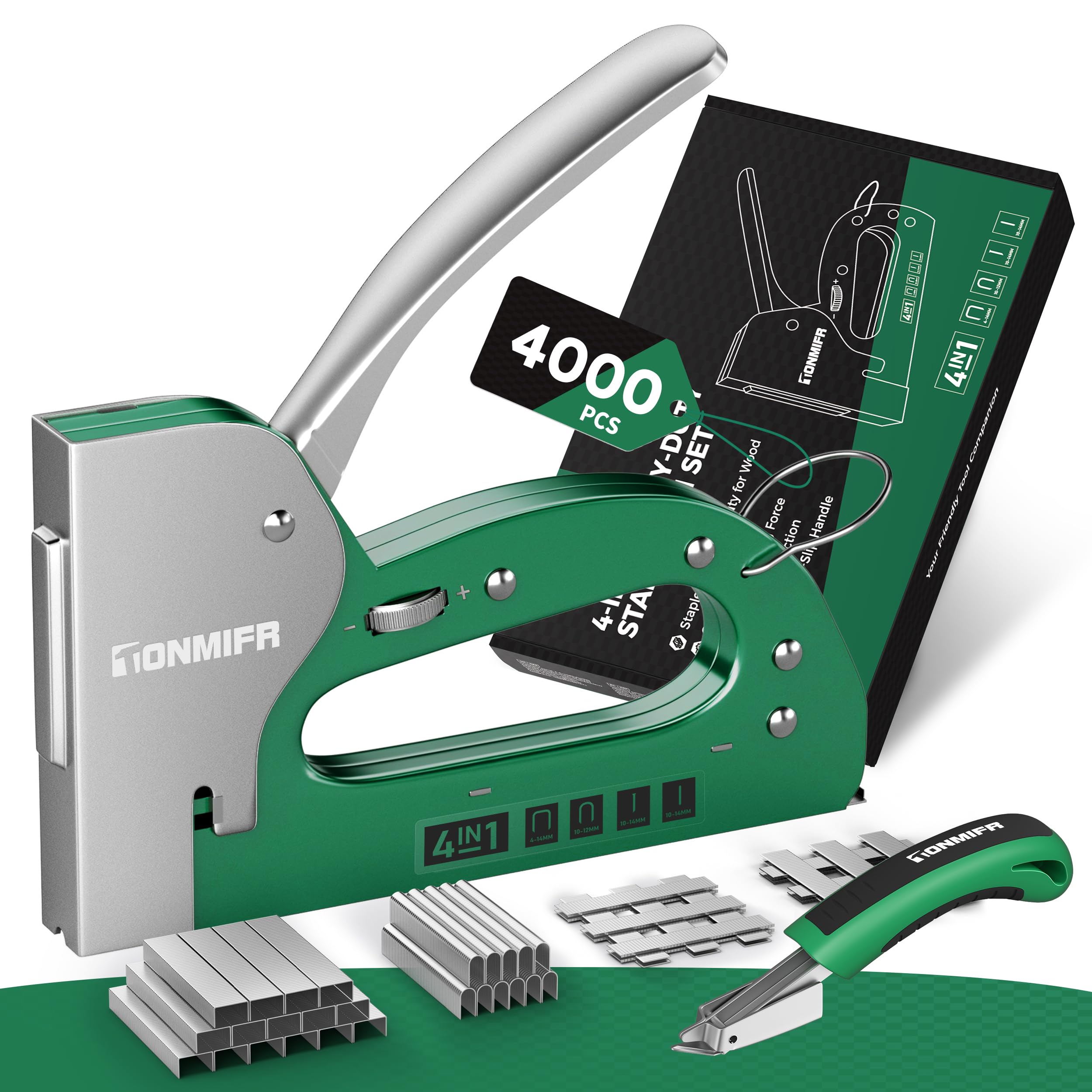 Tonmifr Heavy Duty Staple Gun 4 in 1 with 4000 Staples & Remover - 1080° Adjustable Force, Effortless Larger Stapler Gun for Carpentry, Upholstery, Furniture, Fabric, Wood, Wall and DIY Projects