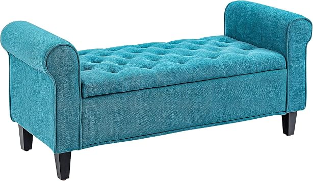 50" Storage Ottoman Bench, Upholstered End of Bed Bench with Rolled Arms, Wood Legs, Button Tufted Storage Bench with Safety Hinges for Living Room, Entryway, Bedroom, Teal