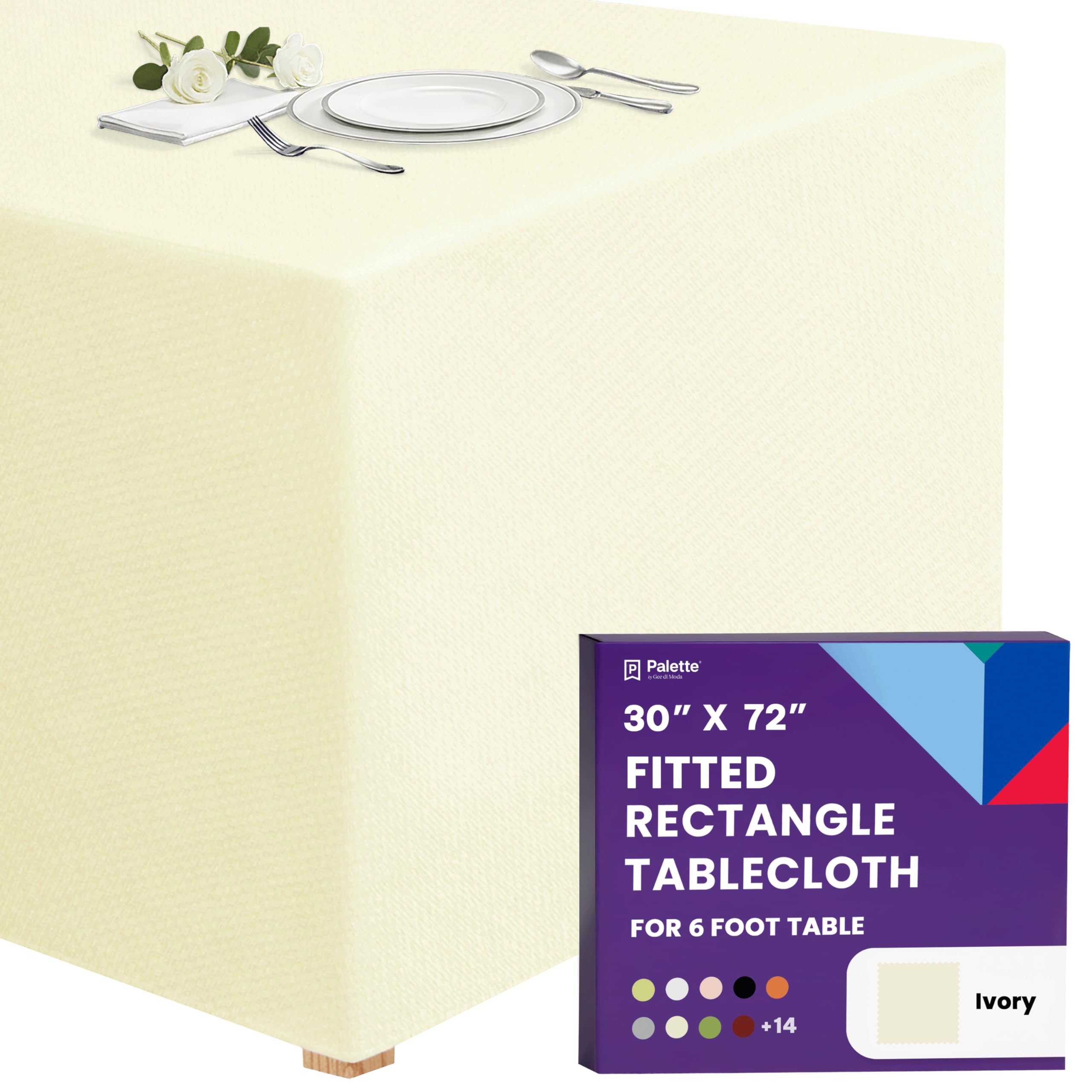 Gee Di Moda Fitted Tablecloth - 72 x 30 Inch Ivory Table Cloth for 6 Foot Rectangle Buffet Table - Heavy Duty Washable Fabric - Dinner Wedding & Trade Show
