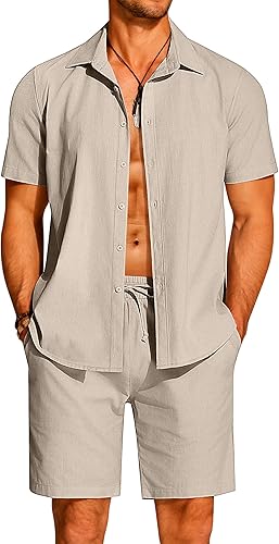 Miniatura 5 de COOFANDY Men's 2 Pieces Cotton Linen Set Short Sleeve Button Down Shirts Summer Beach Shorts Casual Outfits