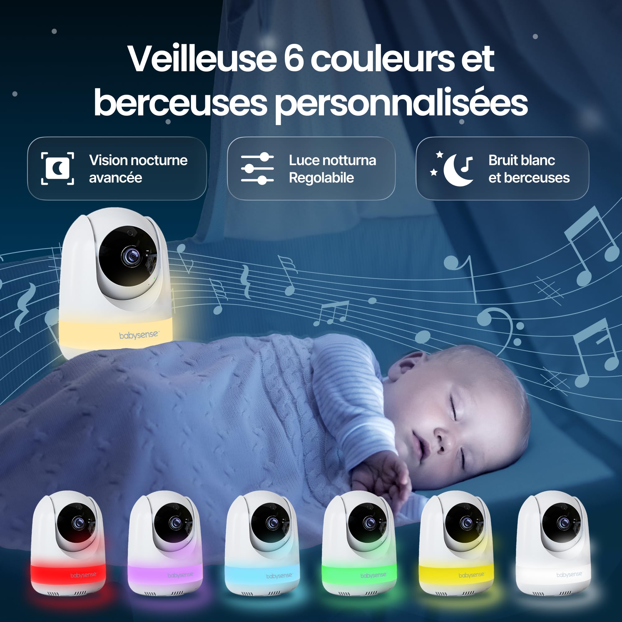 Babysense - Moniteur bébé Full HD écran partagé - Avec 2 caméras - Veilleuse en 6 couleurs - Bruit et machine à lumière - Batterie de 20 heures - Connexion sécurisée sans WiFi