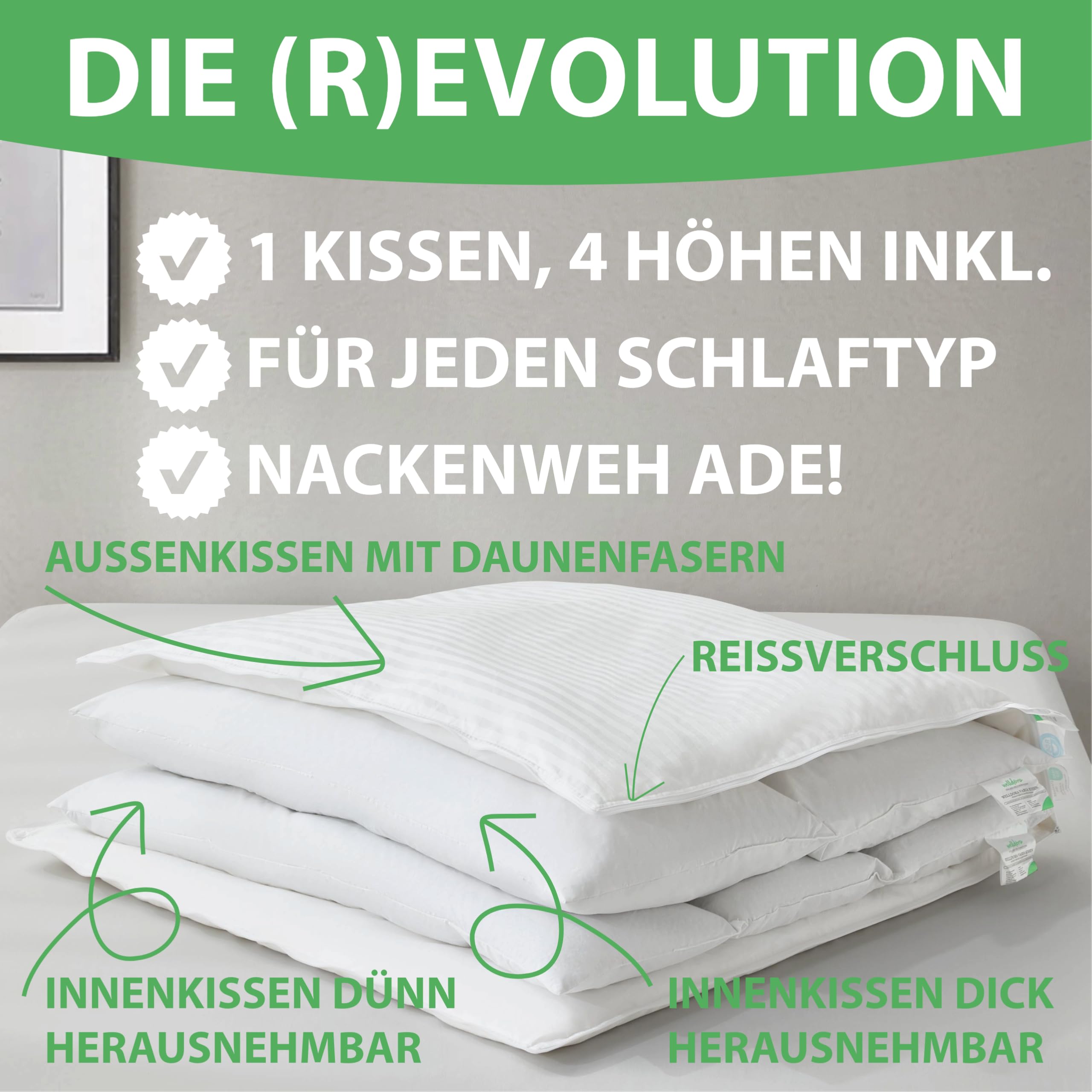 Welldora Premium Kopfkissen 80x80 höhenverstellbar | 100% Daunenfasern & Federn | Ergonomische Innovation: anpassbar fest bis weich | Kissen fachärztlich geprüft, Oeko-Tex Zertifiziert in Deutschland