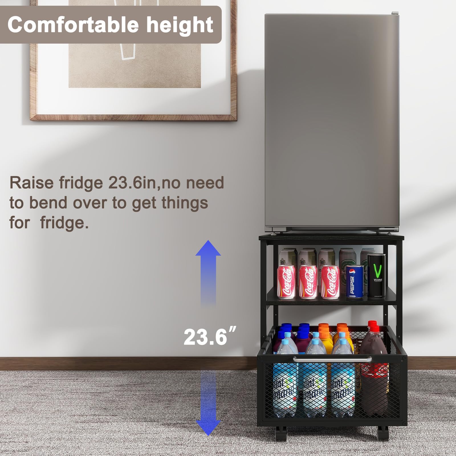 PUNCIA Mini soporte para nevera de 50 x 50 cm con almacenamiento y ruedas, resistente con 4 ruedas bloqueables, soporte para refrigerador, mesa para café, bar, nevera, coche, oficina, hogar,