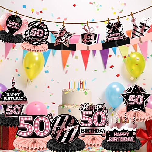 Miniatura 6 de Centros de mesa de nido de abeja de oro rosa y negro, globos de decoración temática de globos para niñas y mujeres, princesa, 50 años, suministros