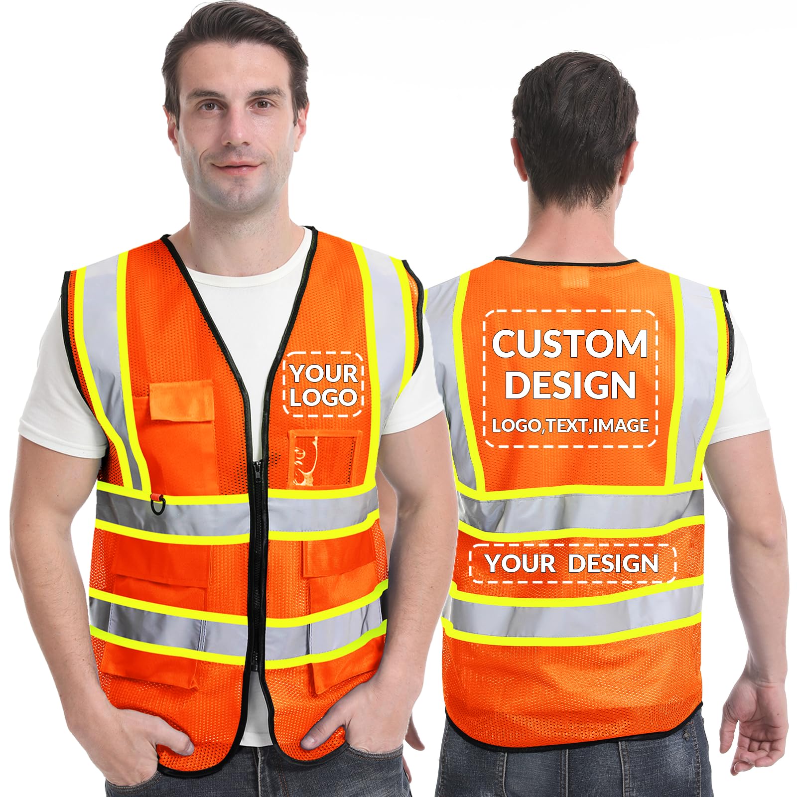 BeautyWill Custom Safety Vest, Reflective Mesh Vest with Logo Class 2 Hi Vis constuction Vest Unisex Protective Workwear with 5 Pockets-(Orange, XL)